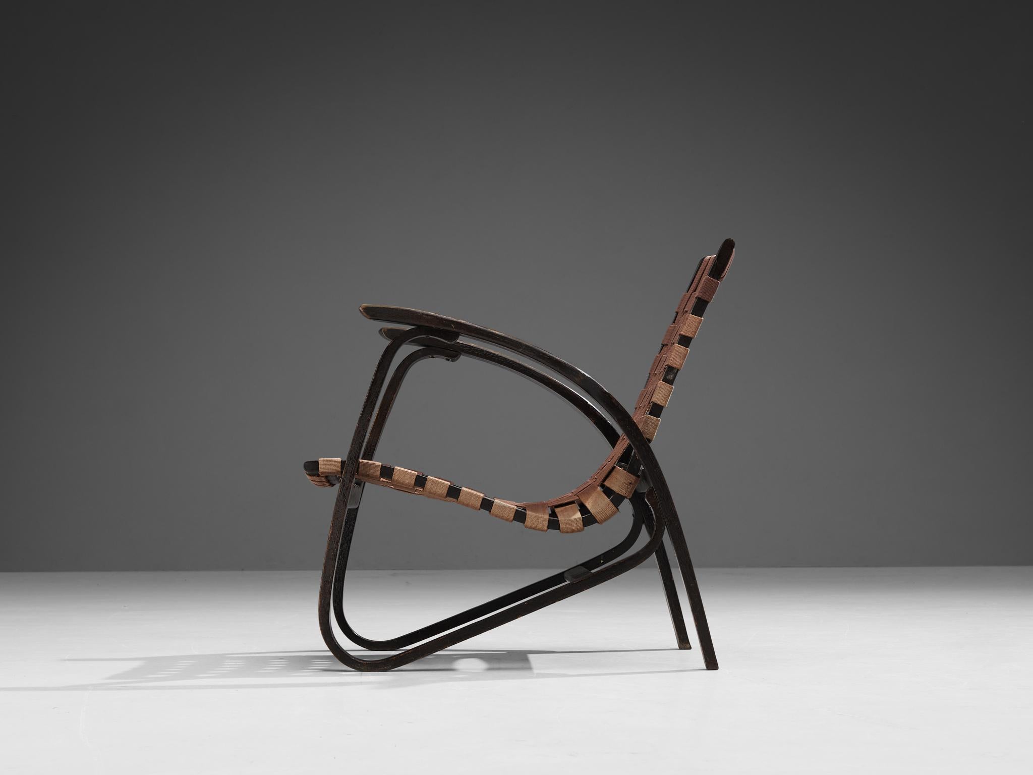 Jan Vaněk Lounge Chair in Dark Stained Wood and Original Canvas Webbing  In Good Condition In Waalwijk, NL