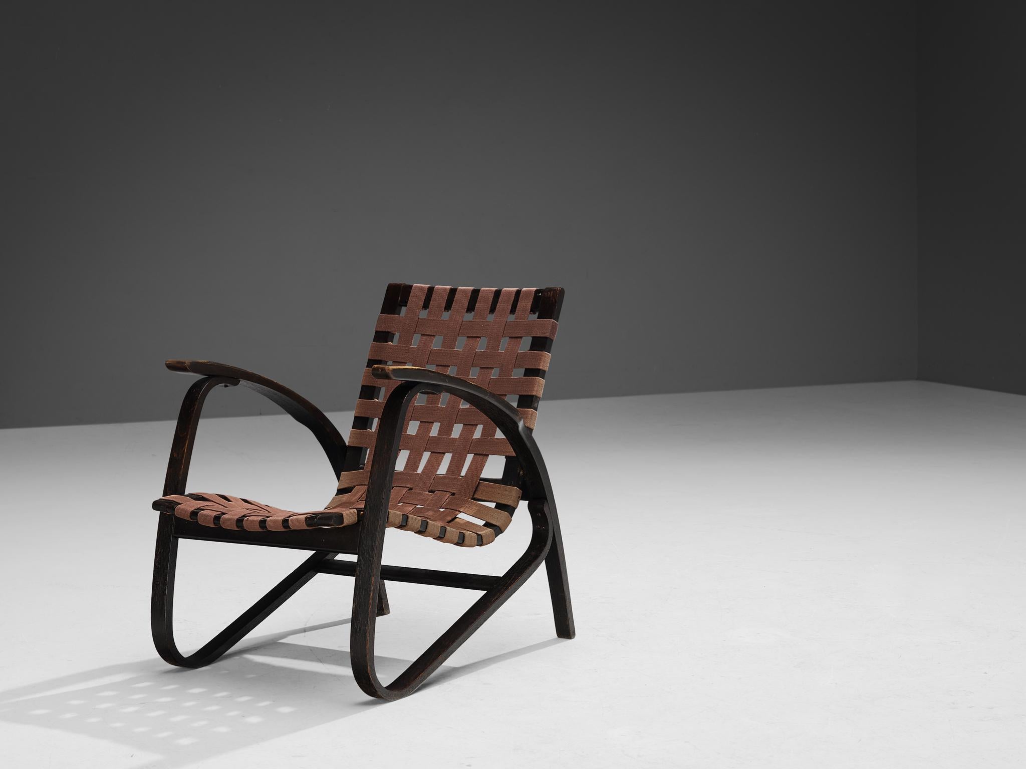 Jan Vaněk Lounge Chair in Dark Stained Wood and Original Canvas Webbing  1
