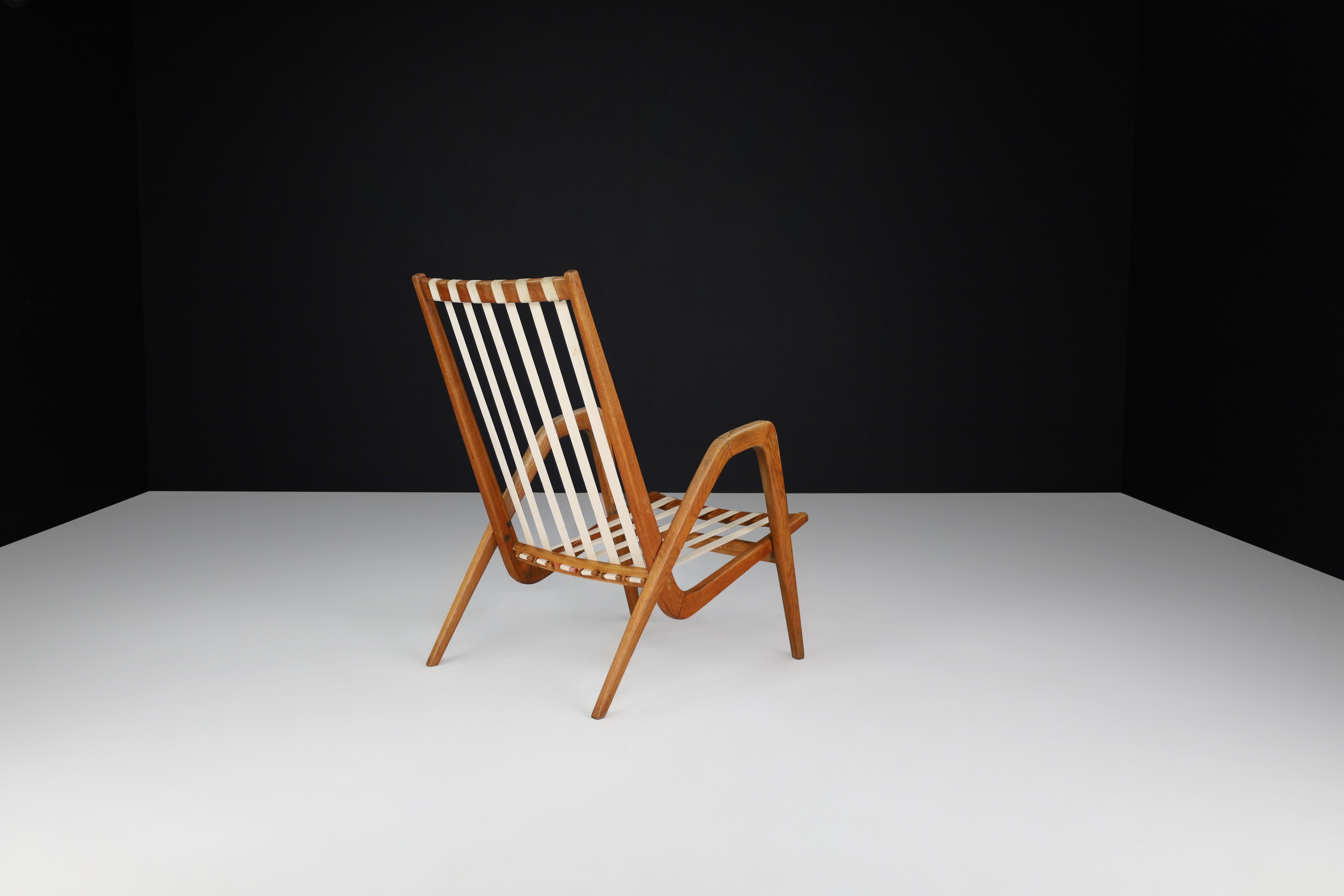 Linen Jan Vanek Oak Lounge Chairs, 1940s For Sale