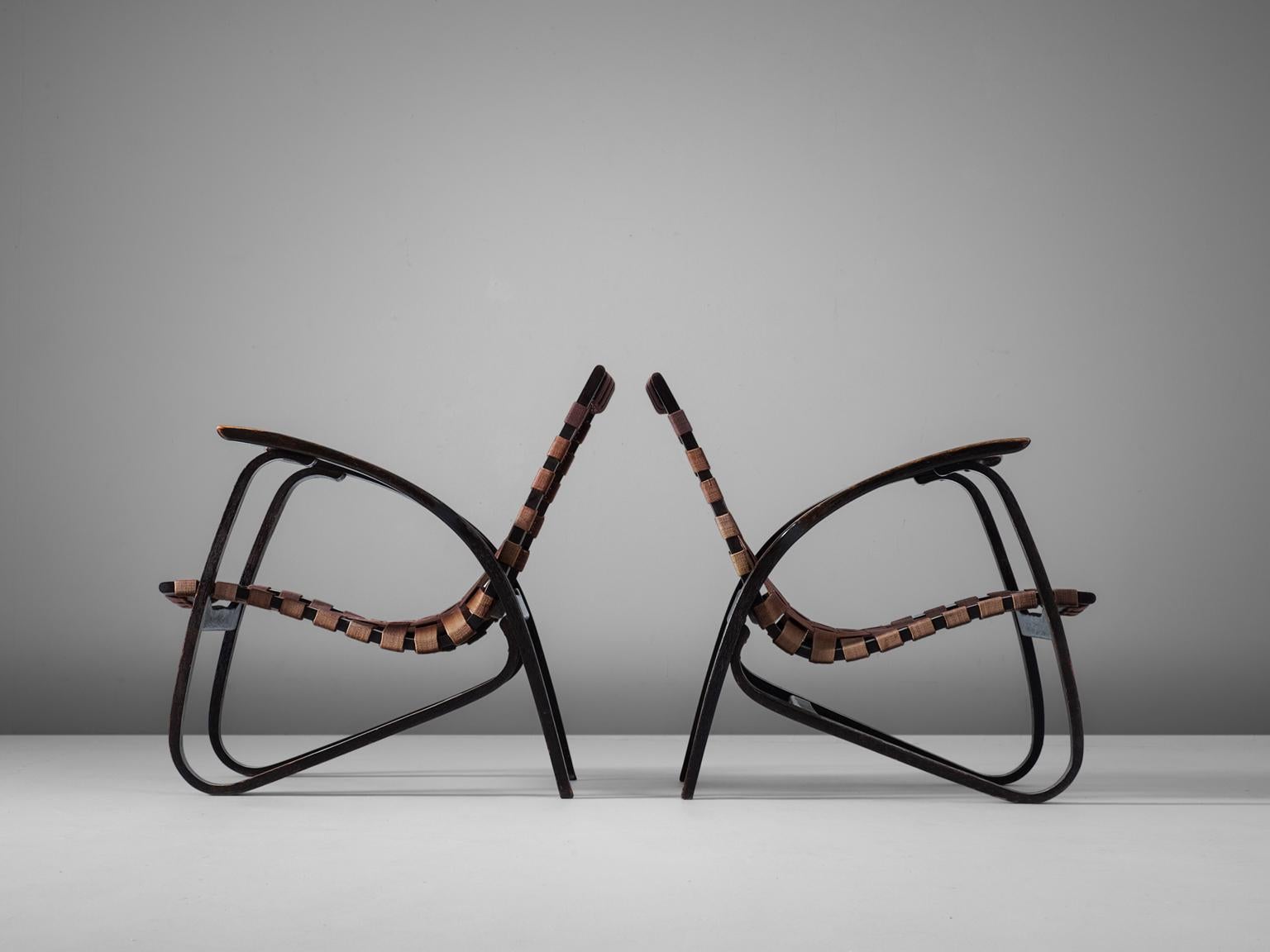 Modern Jan Vanek Pair of Easy Chairs with Woven Straps Upholstery