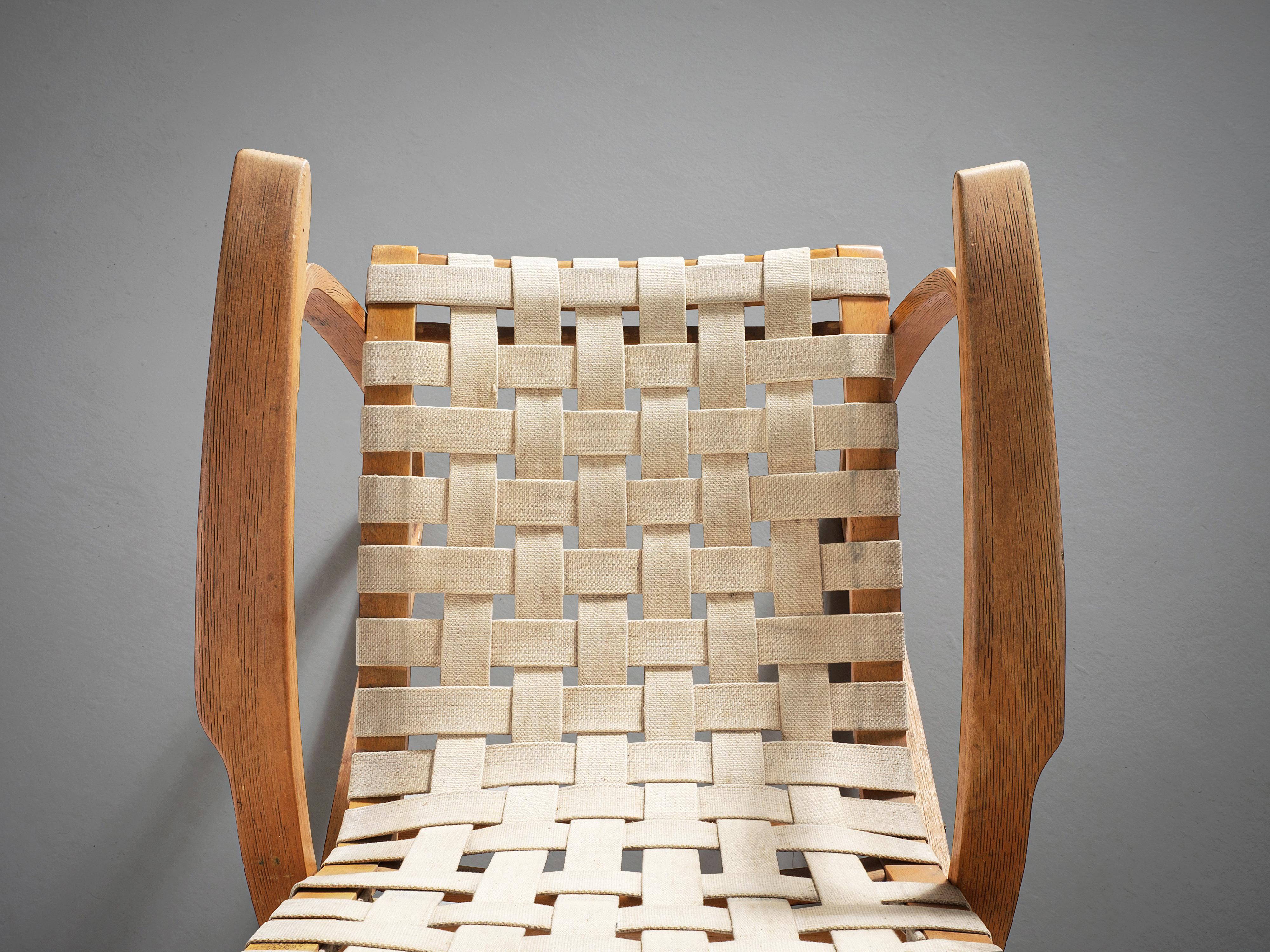 Czech Jan Vanek Sculptural Lounge Chairs in Wood and Canvas