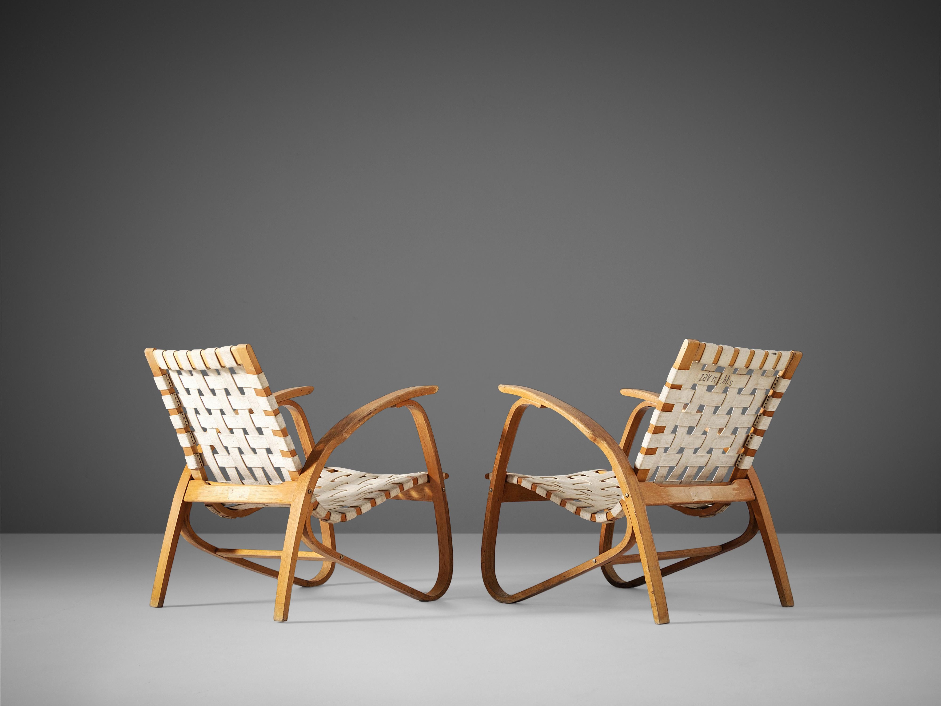 Jan Vanek Sculptural Lounge Chairs in Wood and Canvas In Good Condition In Waalwijk, NL