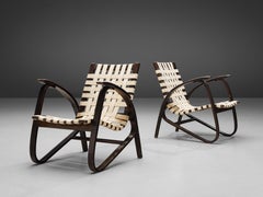 Jan Vanek Sculptural Lounge Chairs in Wood and Original Canvas Webbing