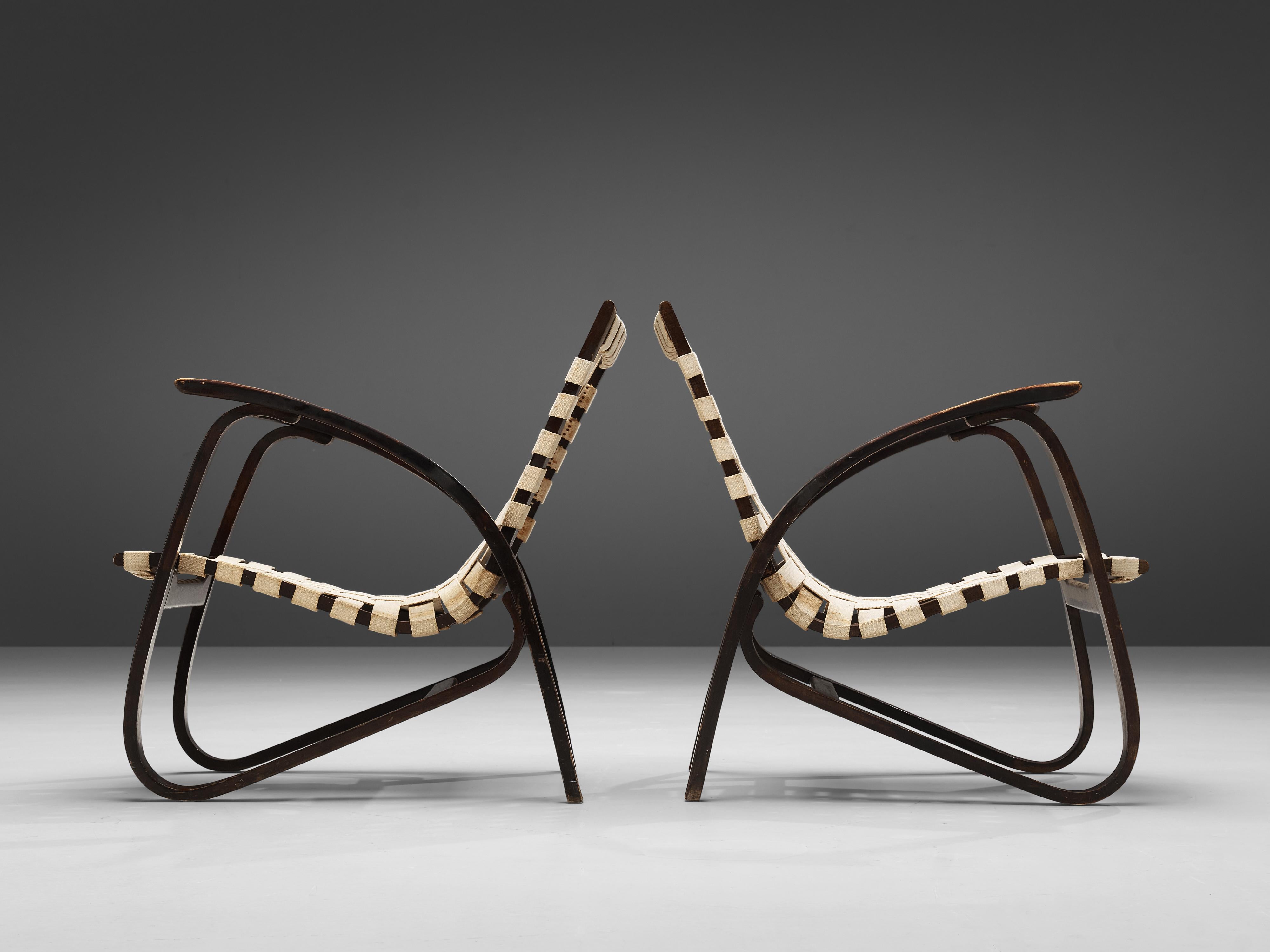 Czech Jan Vanek Sculptural Lounge Chairs in Wood and Original Canvas Webbing