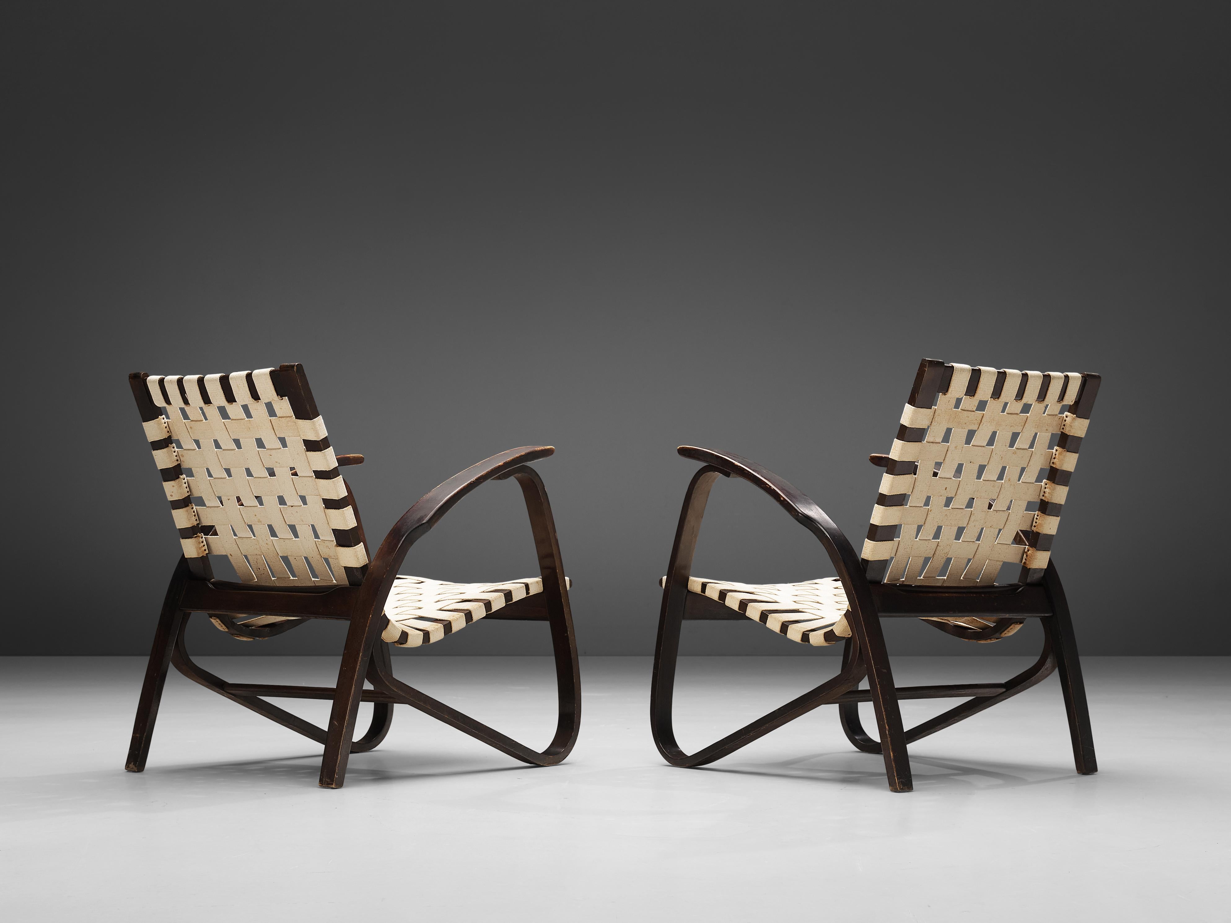 Mid-20th Century Jan Vanek Sculptural Lounge Chairs in Wood and Original Canvas Webbing