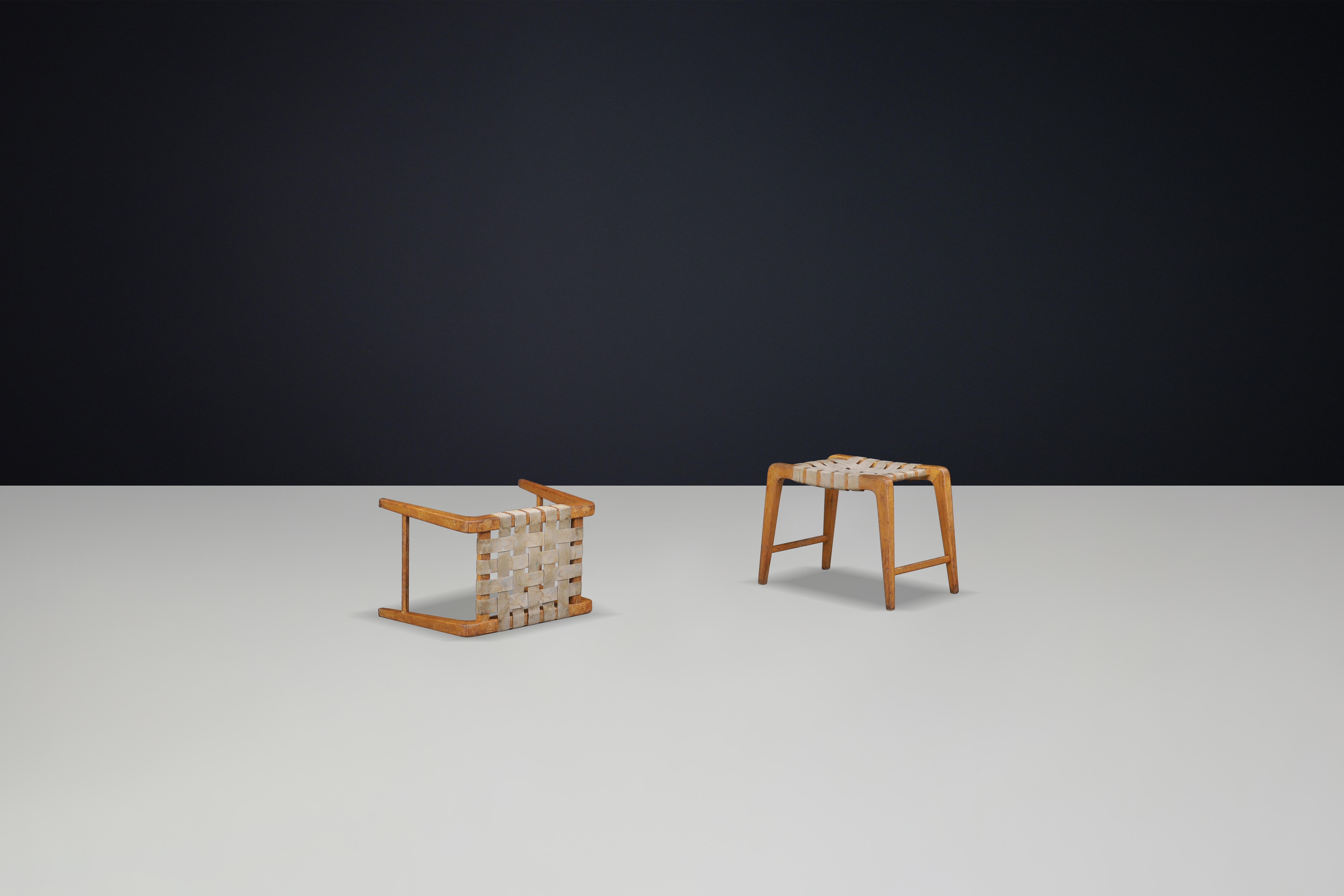 Mid-Century Modern Jan Vanek sculptural set of two oak stools featuring woven canvas straps, 1940s For Sale