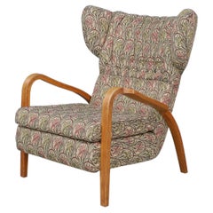 Jan Vanek Wingback Chair in Oak Bentwood and Original Upholstery – Prague, 1940s