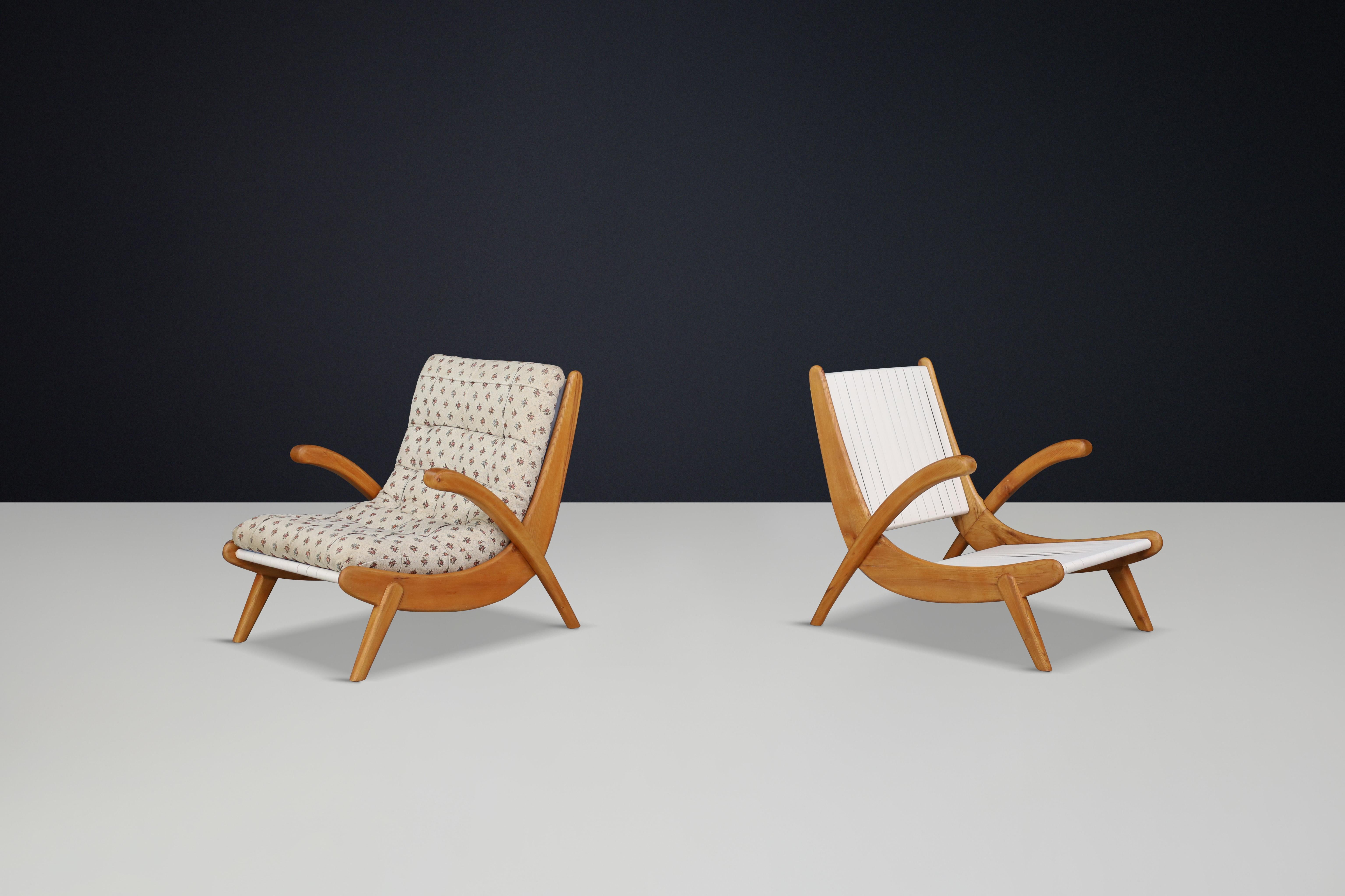 Mid-Century Modern Jan Vanek's curved easy chairs curved oak, canvas and original upholstery 1950 For Sale