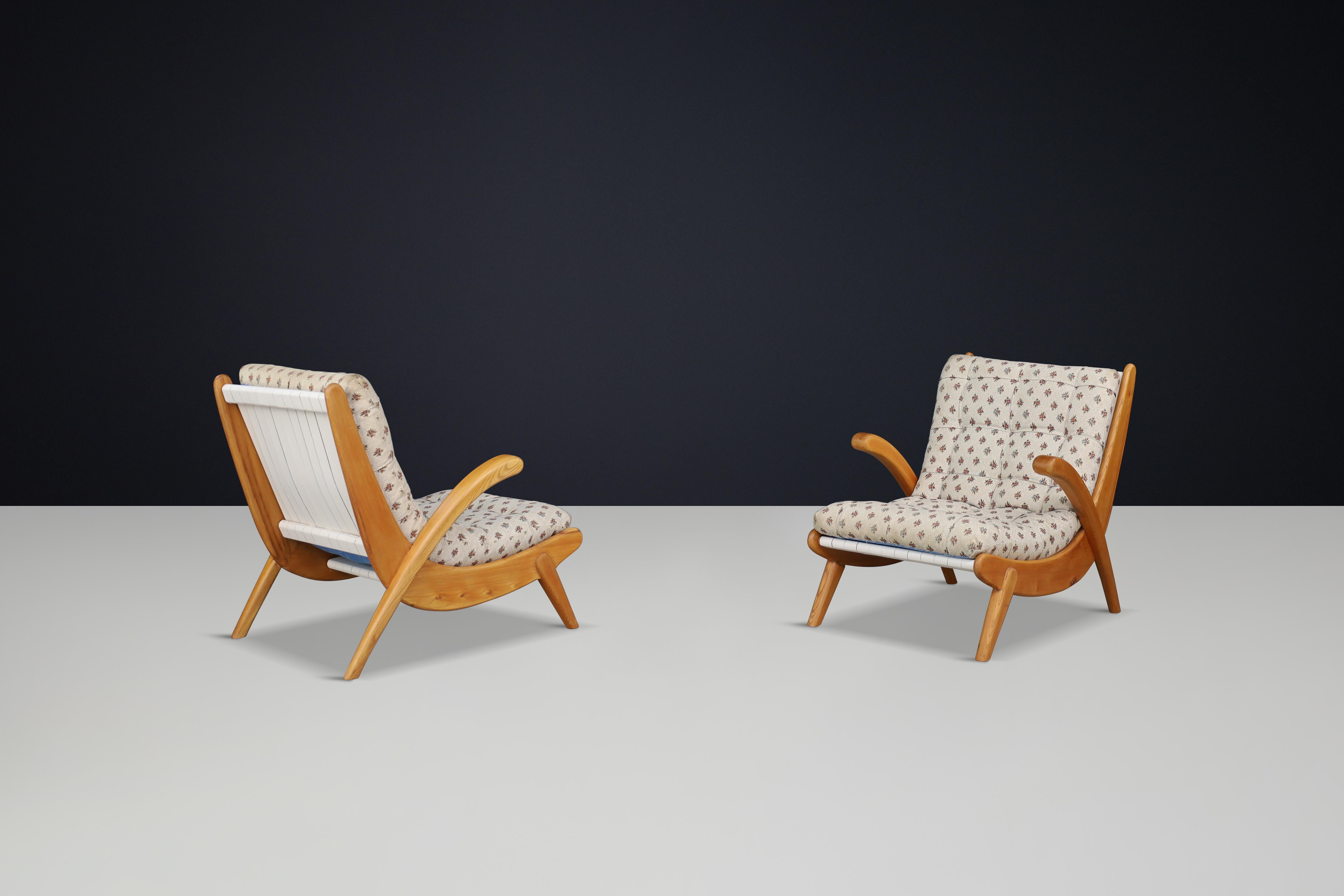 Czech Jan Vanek's curved easy chairs curved oak, canvas and original upholstery 1950 For Sale