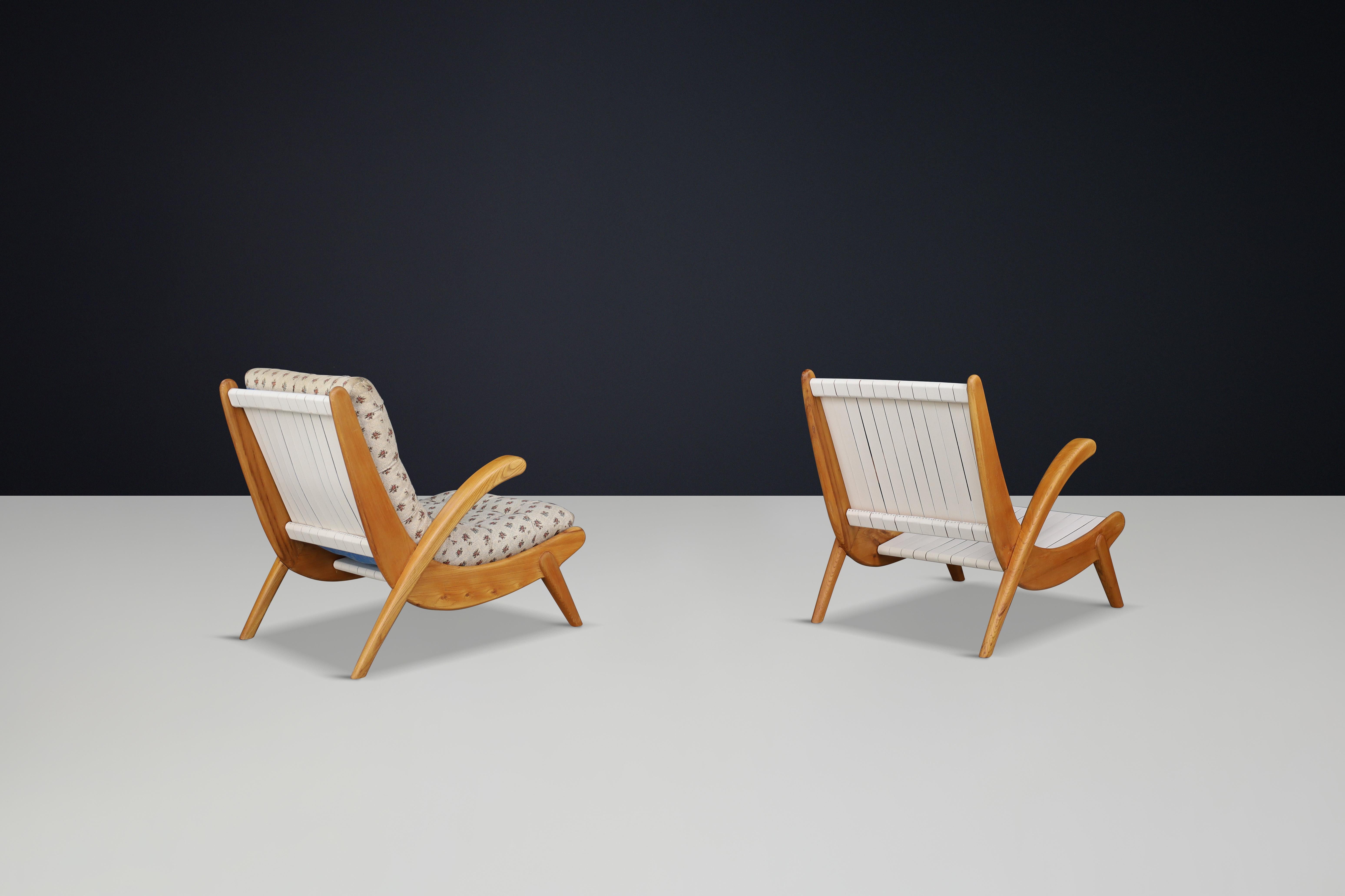 Mid-20th Century Jan Vanek's curved easy chairs curved oak, canvas and original upholstery 1950 For Sale