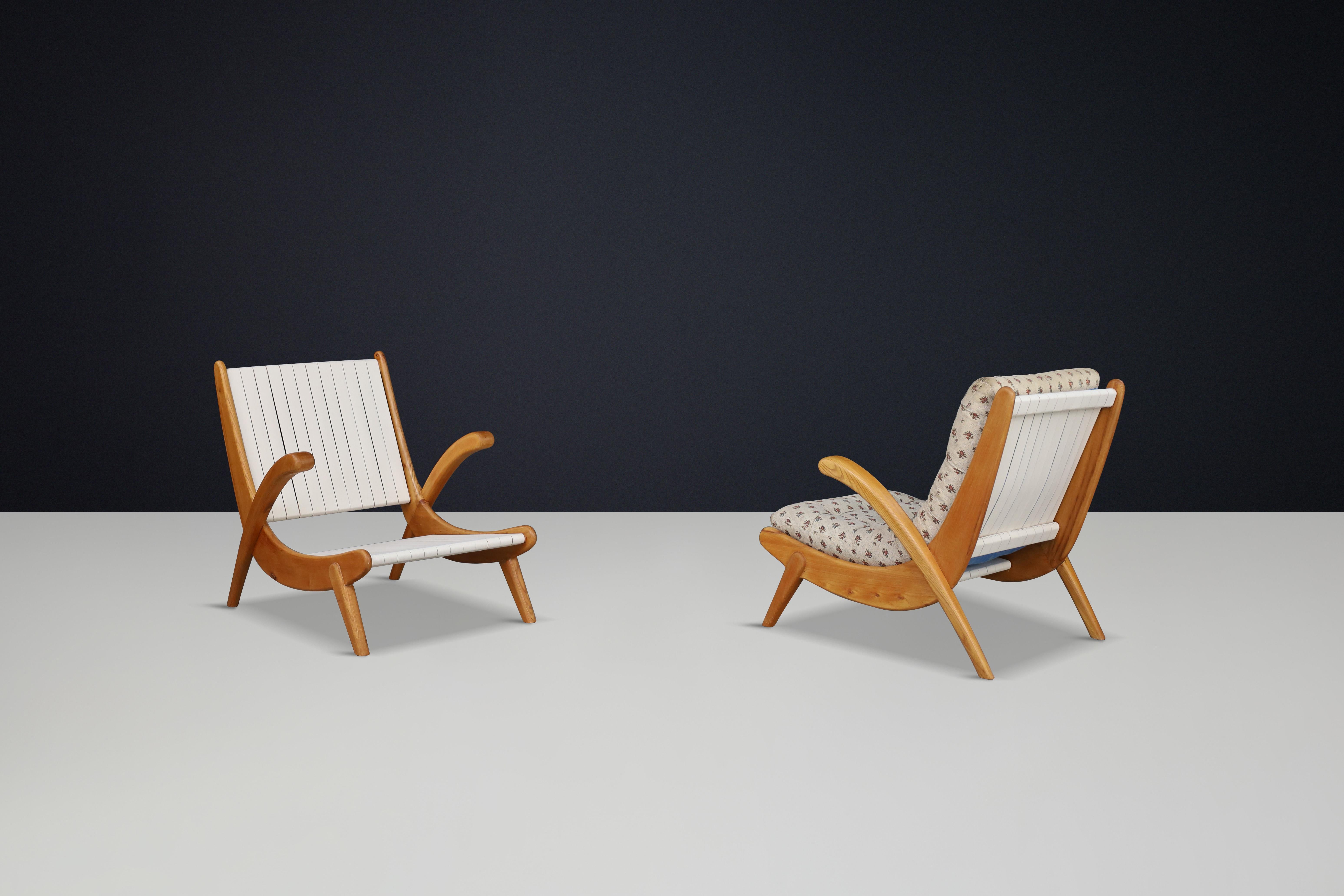 Canvas Jan Vanek's curved easy chairs curved oak, canvas and original upholstery 1950 For Sale
