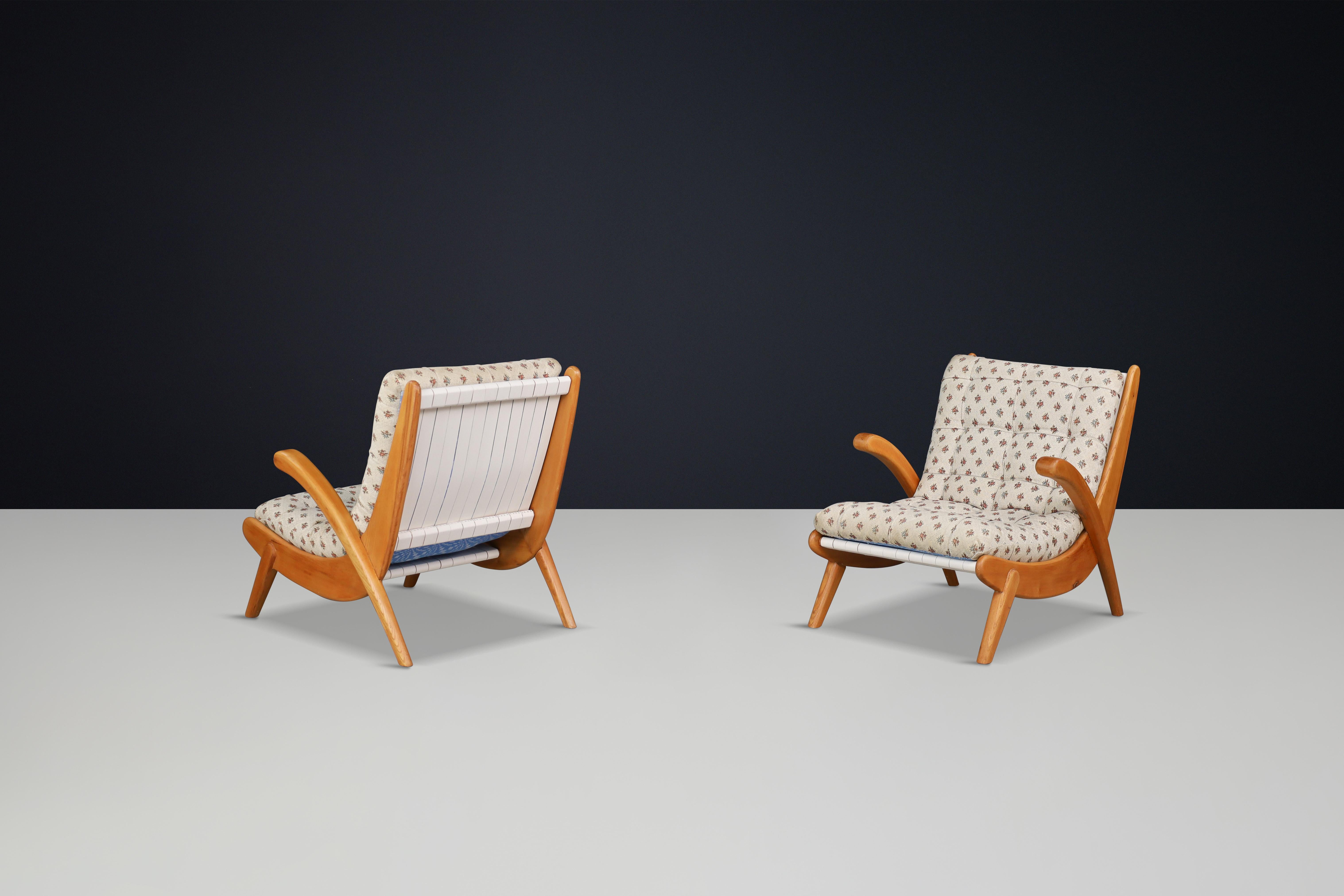 Jan Vanek's curved easy chairs curved oak, canvas and original upholstery 1950 For Sale 1