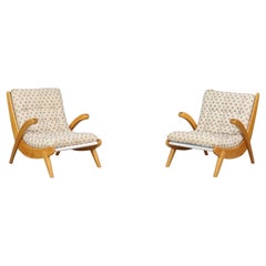 Fauteuils courbes de Jan Vanek, chêne courbé, toile et tapisserie d'origine 1950