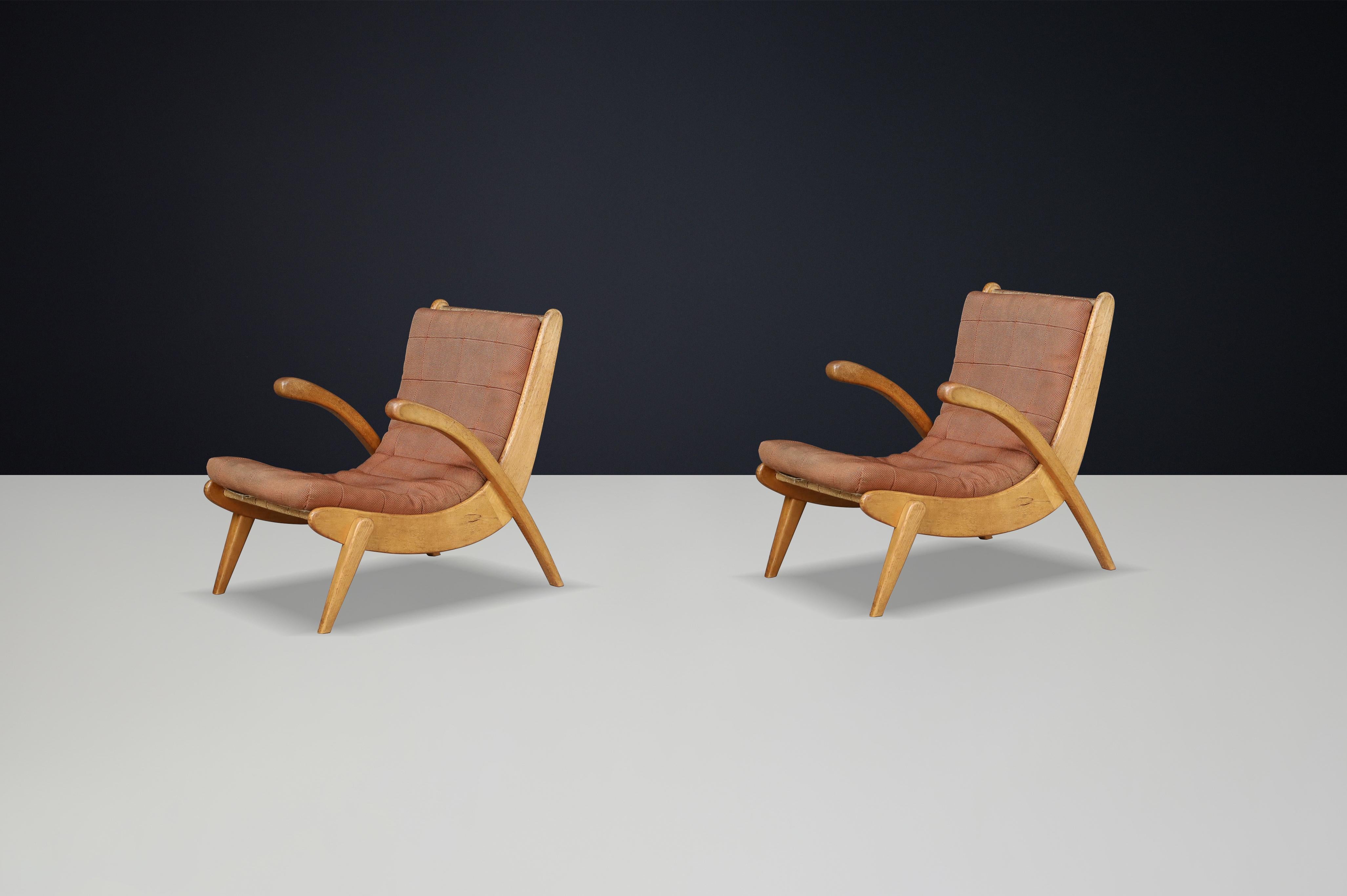 Mid-Century Modern Jan Vanek's curved easy chairs curved oak, canvas and original upholstery 1950s For Sale
