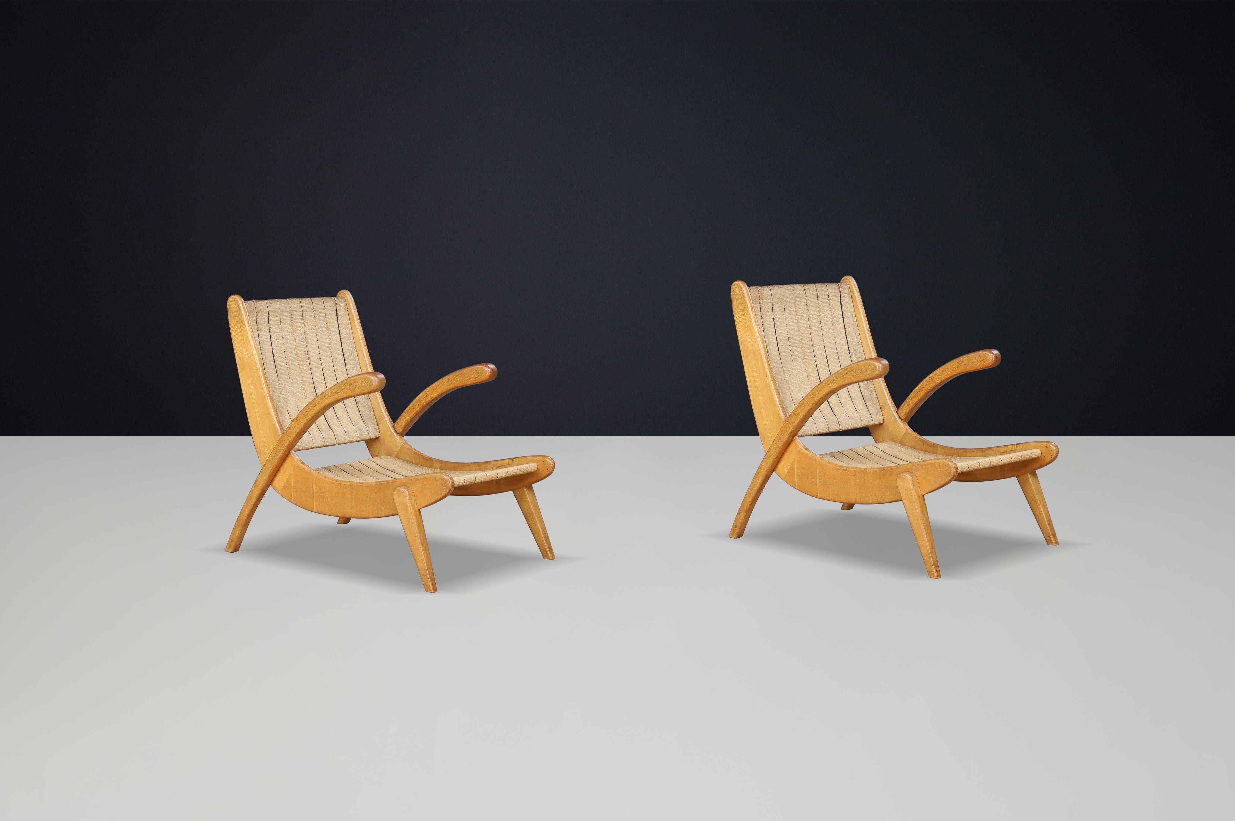 Mid-20th Century Jan Vanek's curved easy chairs curved oak, canvas and original upholstery 1950s For Sale