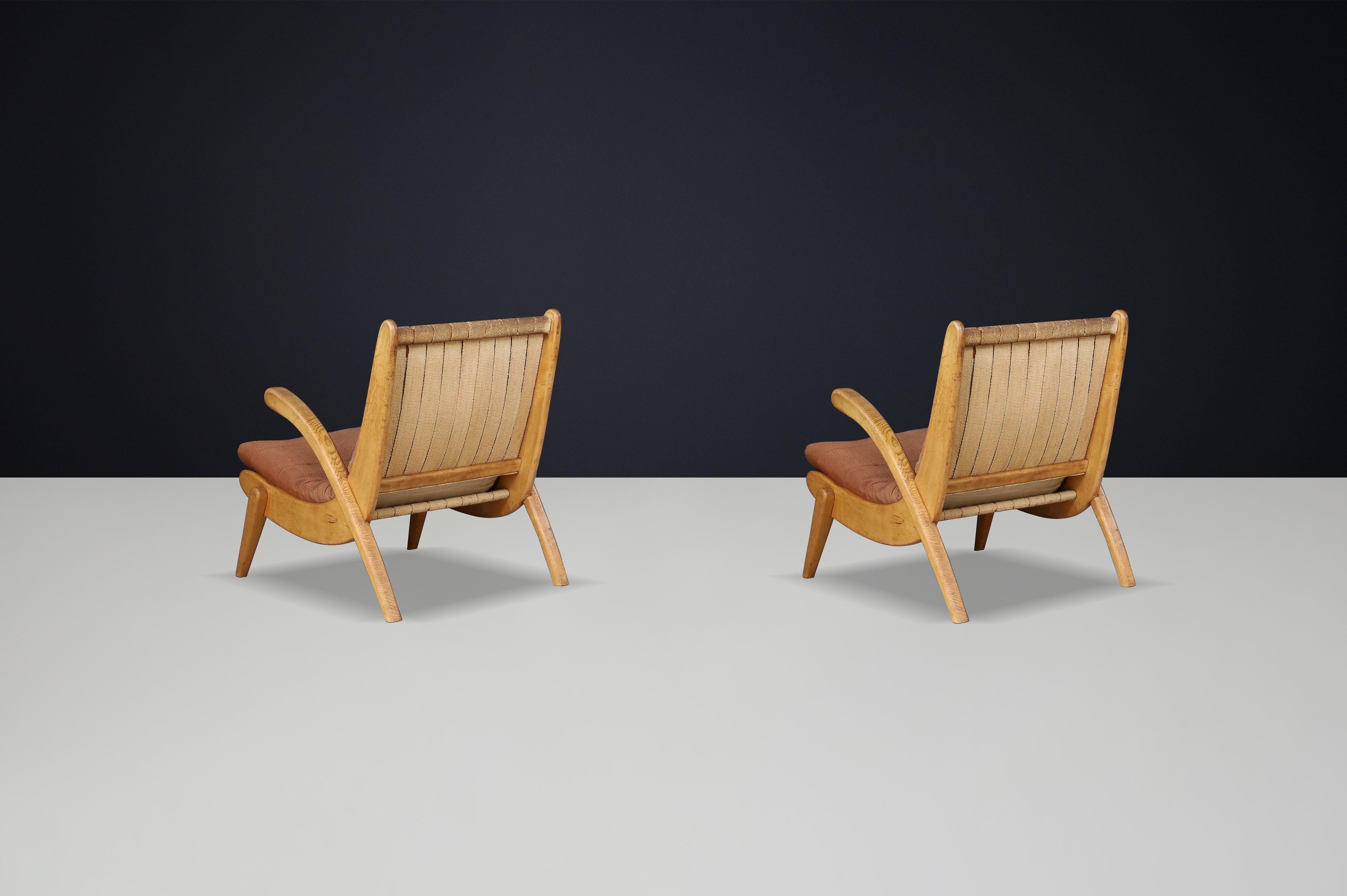 Jan Vanek's curved easy chairs curved oak, canvas and original upholstery 1950s For Sale 1