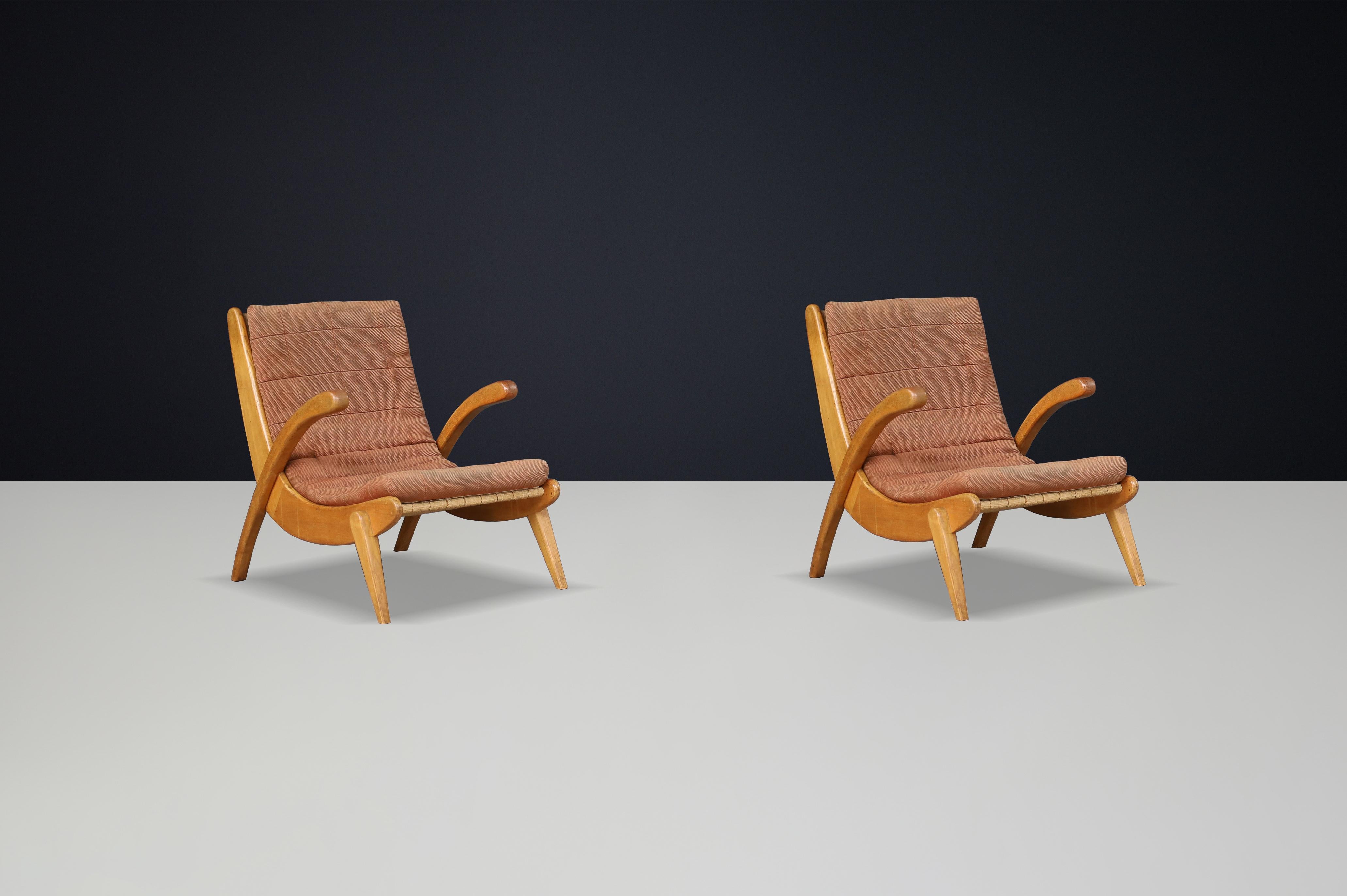 Jan Vanek's curved easy chairs curved oak, canvas and original upholstery 1950s For Sale 2
