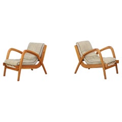 Paire de deux fauteuils courbés de Jan Vanek, en chêne courbé et tapisserie d'origine.
