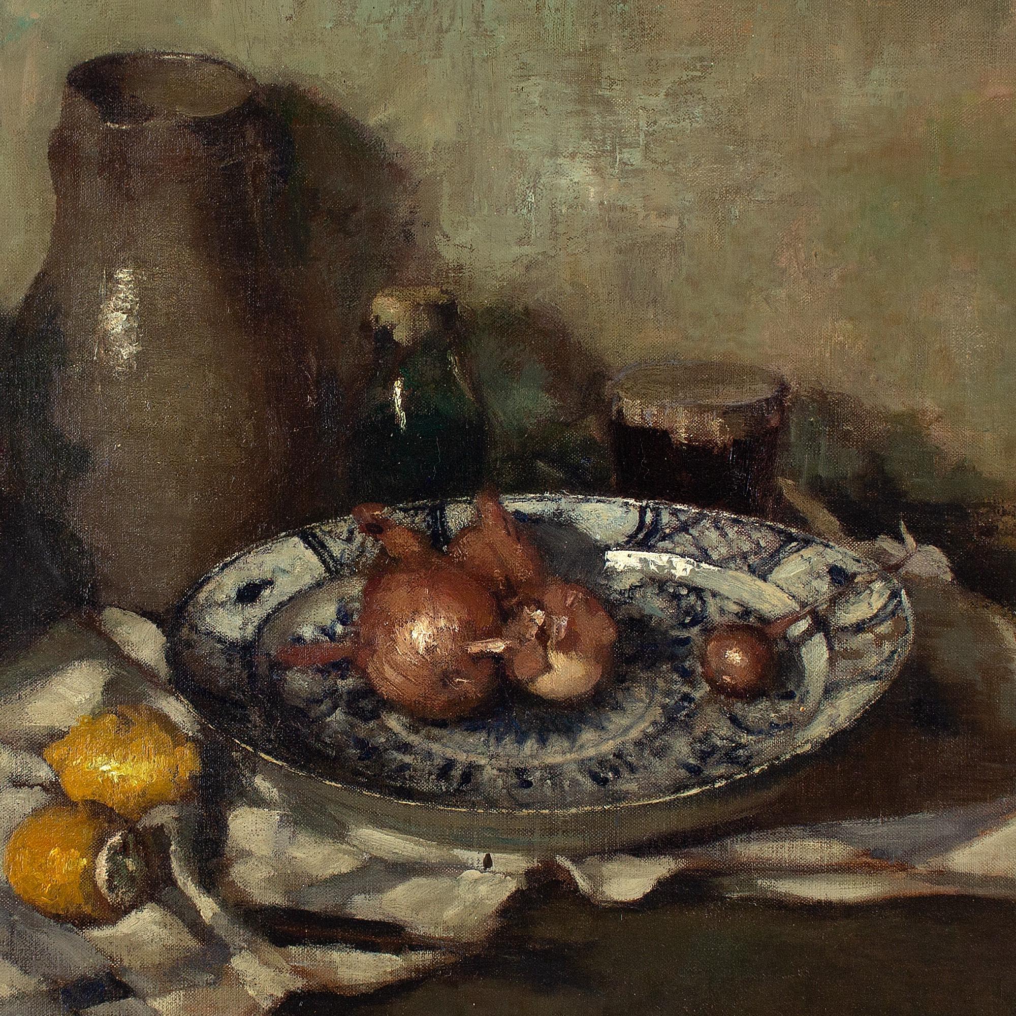 Jan Van Looy, Still Life With Ceramics, Onions & Lemons, Oil Painting  3