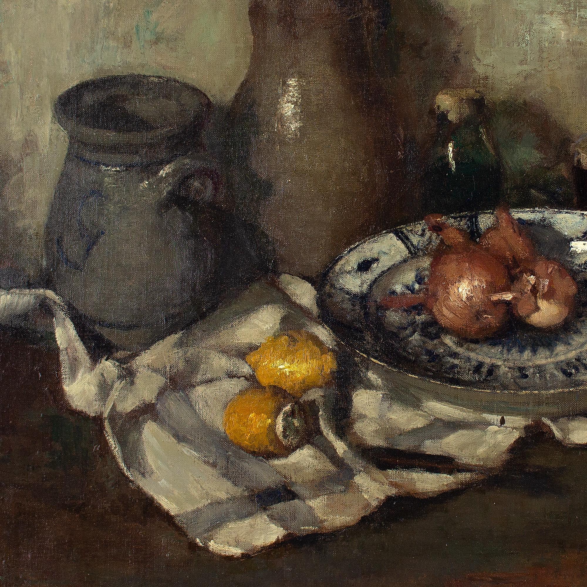 Jan Van Looy, Still Life With Ceramics, Onions & Lemons, Oil Painting  4