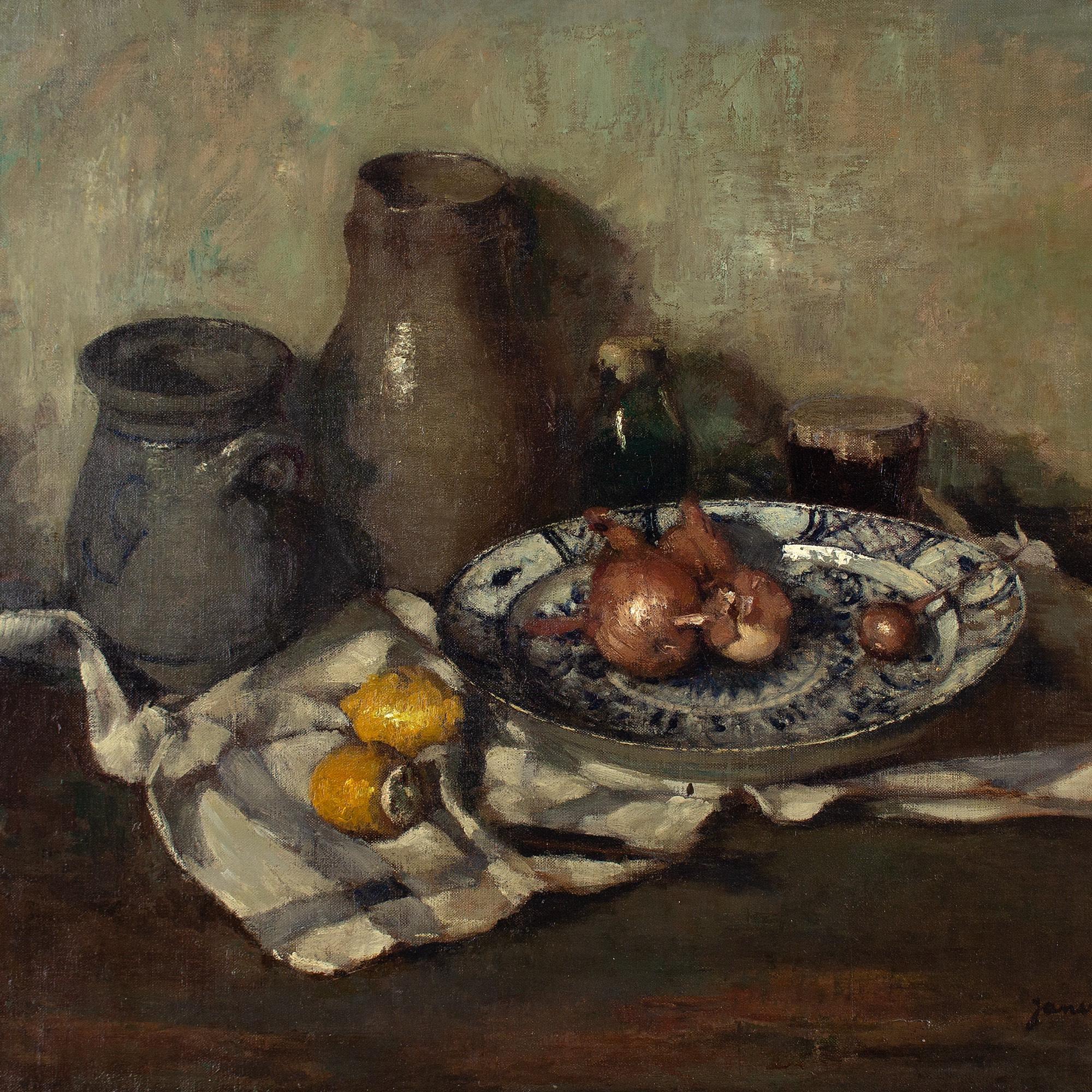 Jan Van Looy, Still Life With Ceramics, Onions & Lemons, Oil Painting  5