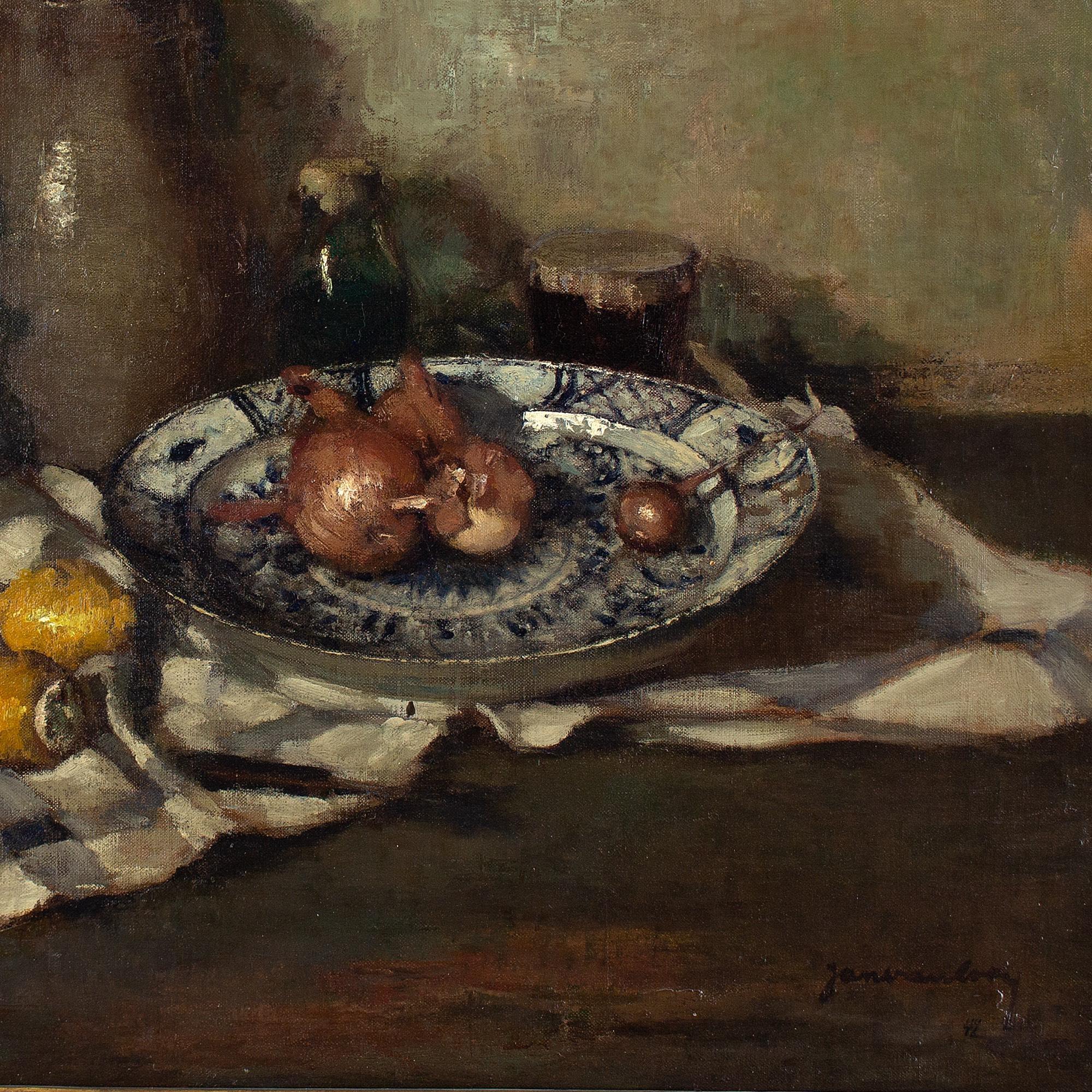 Jan Van Looy, Still Life With Ceramics, Onions & Lemons, Oil Painting  6