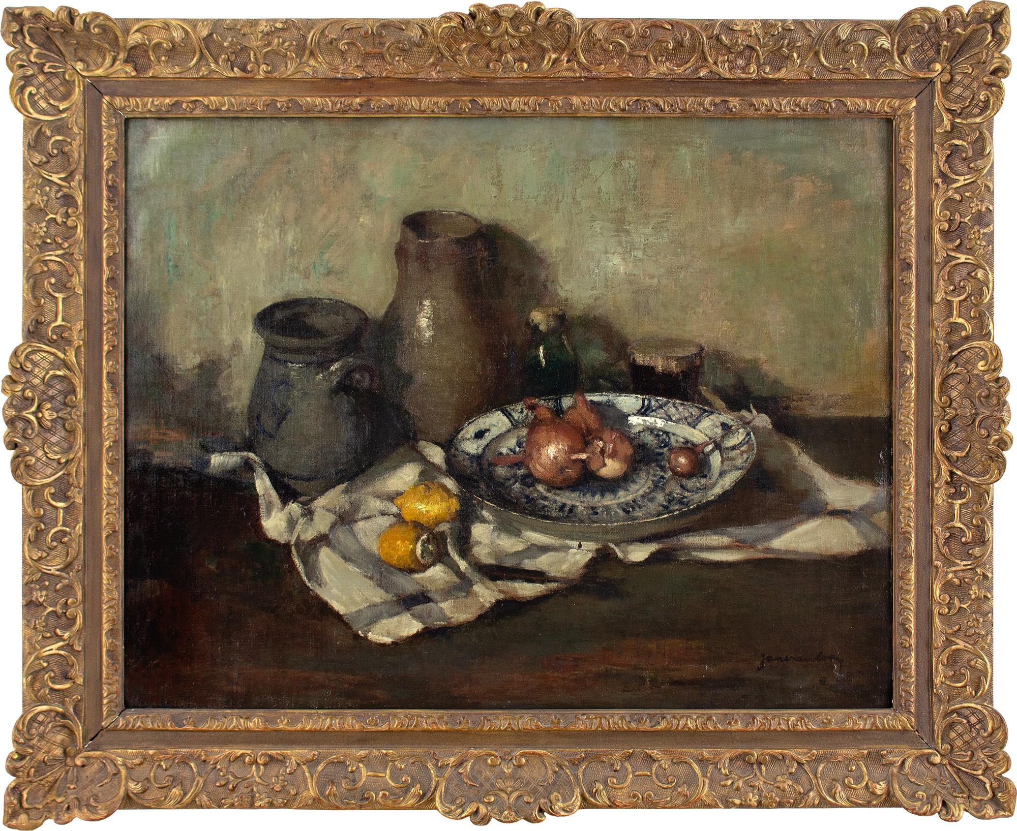 Jan Van Loy Still-Life Painting - Jan Van Looy, Still Life With Ceramics, Onions & Lemons, Oil Painting 