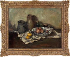 Jan Van Looy, Still Life With Ceramics, Onions & Lemons, Oil Painting 
