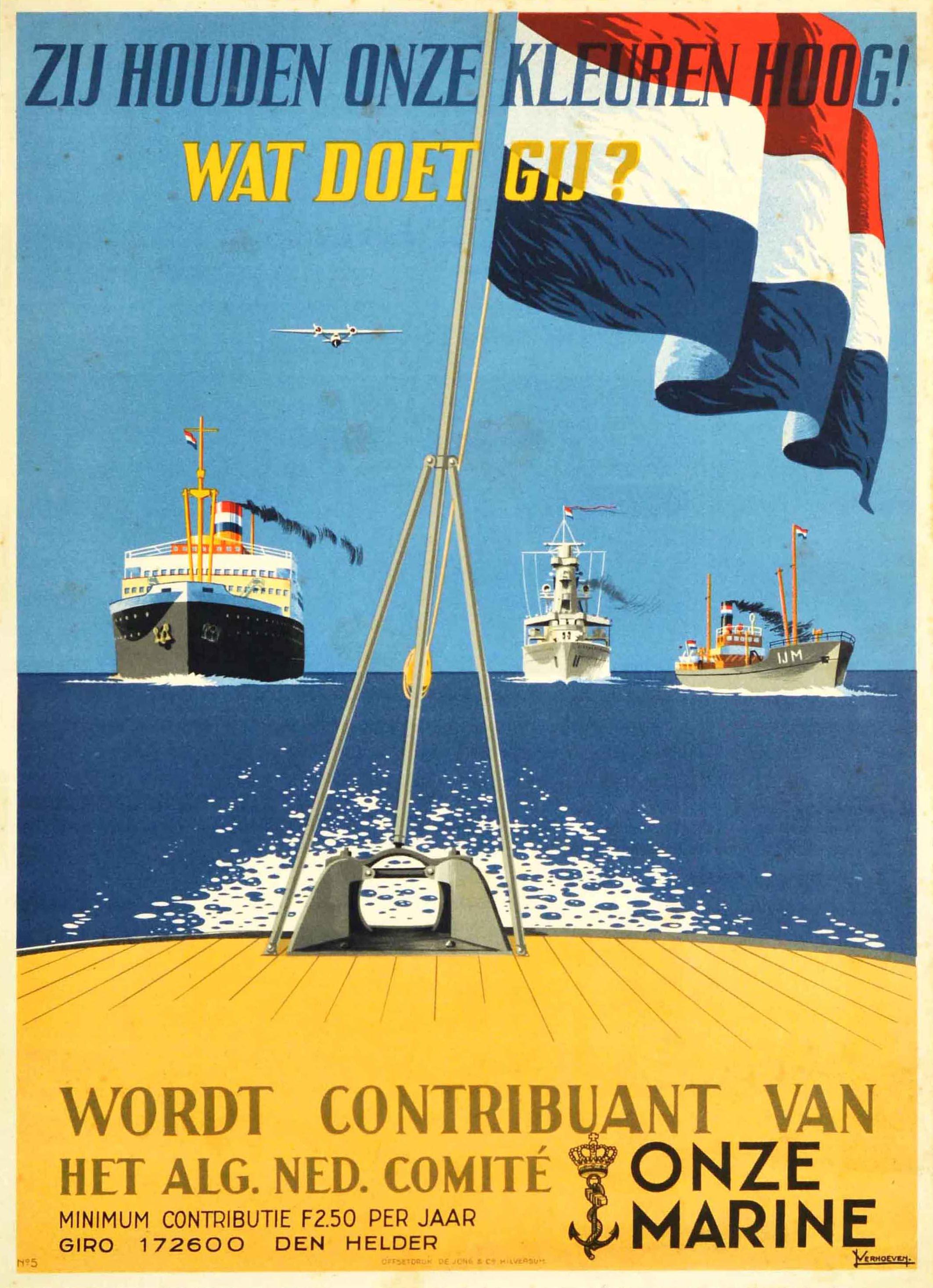 Jan Verhoeven Print - Original Vintage WWII Poster Royal Netherlands Navy Koninklijke Marine War Ships