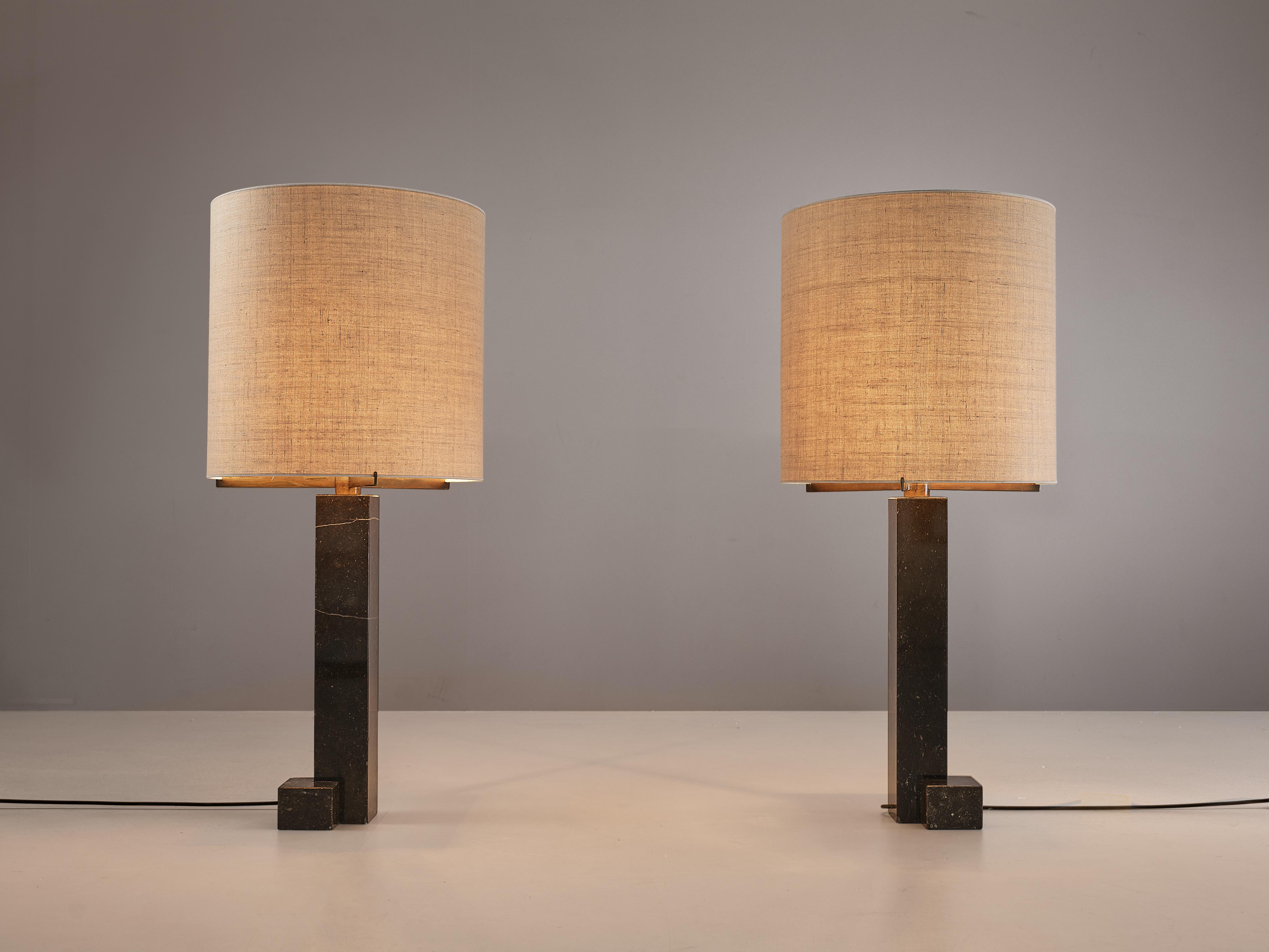 Attributed to Jan Vlug, pair of floor lamps, marble, brass, fabric, Belgium, 1970s 

Grand pair of table lamps attributed to Belgium designer Jan Vlug. These sizable and sculptural lamps are geometric in shape and, therefore, create a wonderful