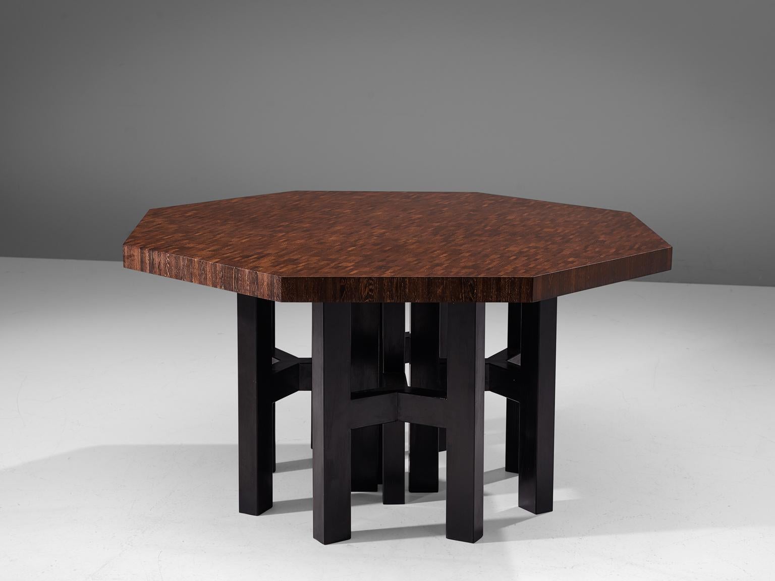 Jan Vlug for Bergwood, center table wengé and metal, Belgium, 1970s

Rare and exclusive dining table with a characteristic graphical base and stunning executed tabletop. The table is made by Belgian designer Jan Vlug, who was a close friend of