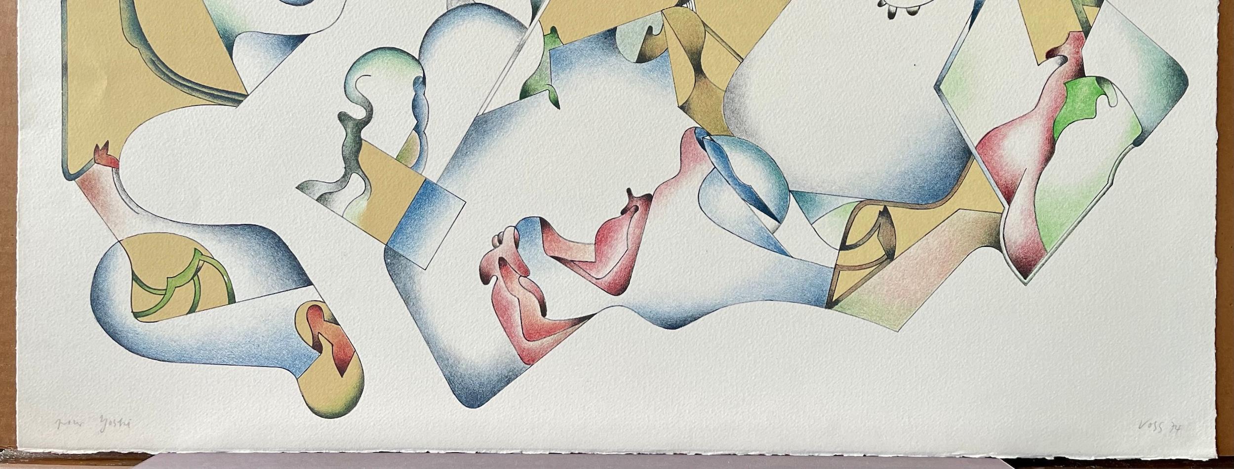 ABSTRACT 1 is an original hand drawn lithograph by the German artist Jan Voss, printed using hand lithography techniques on archival Arches paper 100% acid free. ABSTRACT 1 presents a free form, Modernist style drawing, figure-like abstract with