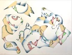 Lithographie abstraite 1 signée, formes de dessin modernistes, bleu, jaune, rouge