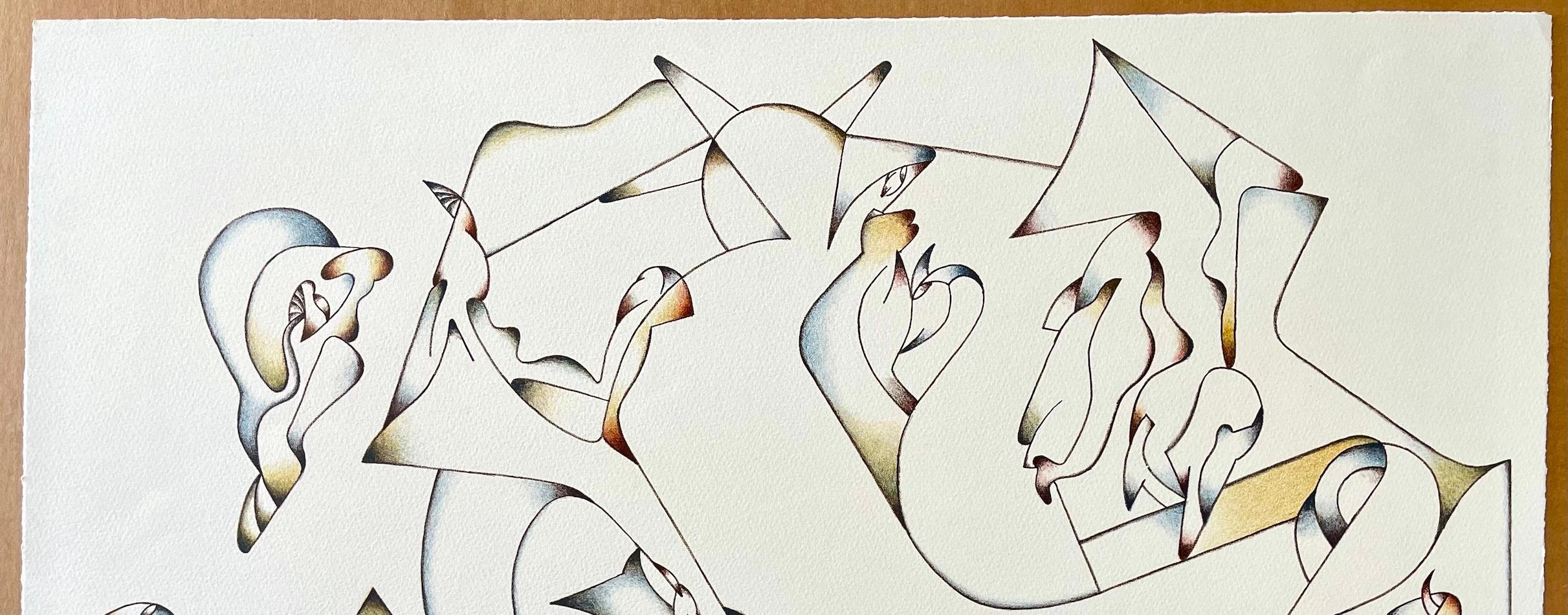 Abstract 2 is an original hand drawn lithograph by the German artist Jan Voss, printed using hand lithography techniques on archival Arches paper 100% acid free. Abstract 2 presents a free form line and shapes drawing; a Modernist style multi color