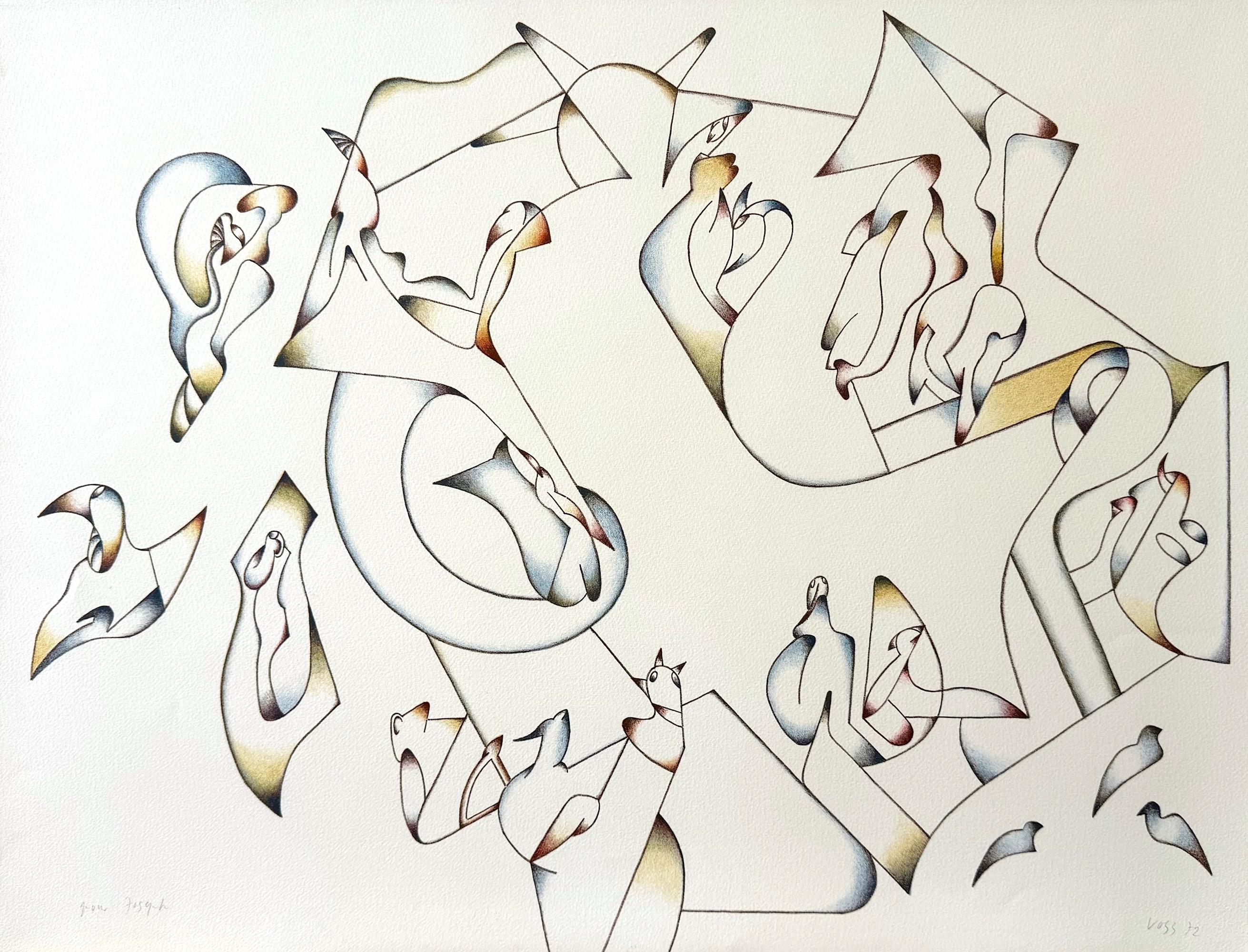 ABSTRACT 2, Signed Lithograph, Modernist Drawing, Free Form Line and Shapes
