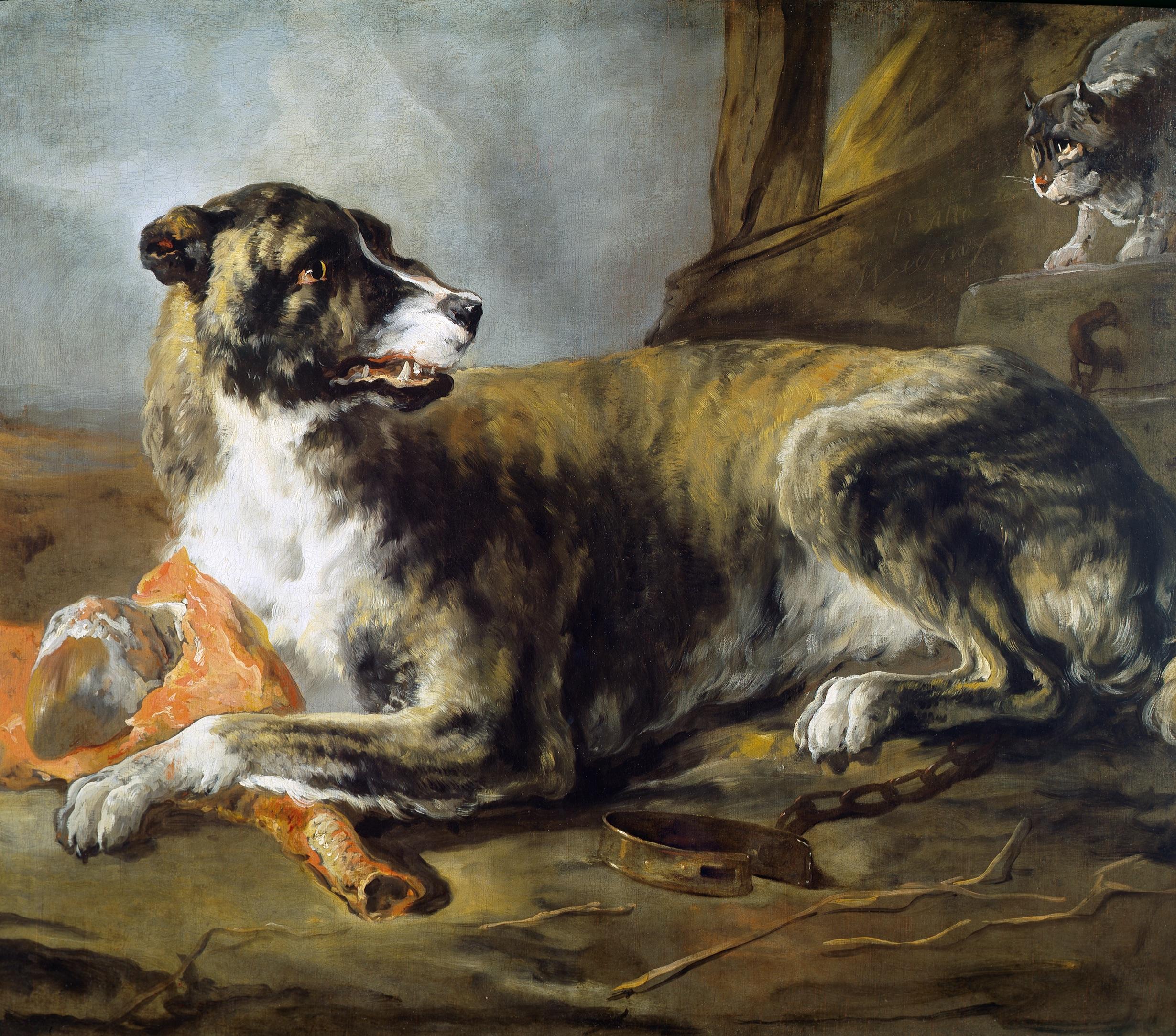 A Boar Hound mit einem Fleischgeschirr in der Nähe einer erschütterten Katze  – Painting von Jan Baptist Weenix