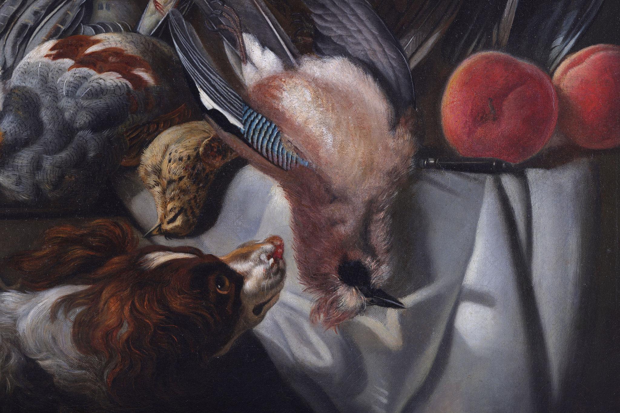 Un chien avec un gibier mort - Noir Still-Life Painting par Jan Weenix