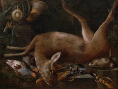 Hunting trophy with a deer and game, adorned with the accoutrements of the chase