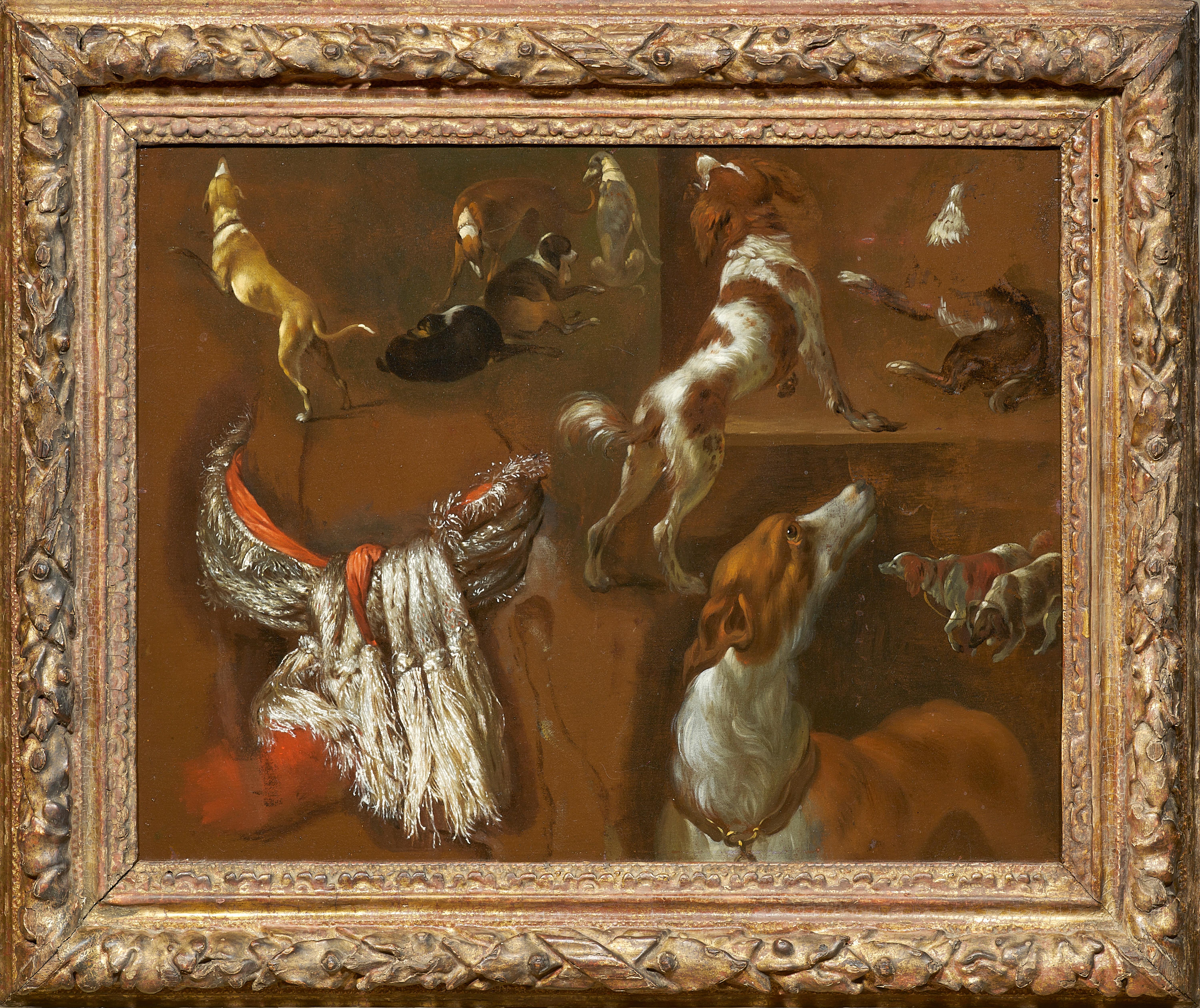 This painting, formerly attributed to Hyacinthe Rigaud, is typical of the art of Jan Weenix, one of the best still life and hunting painters of the Dutch Golden Age.  In a cleverly disordered manner, he depicts ten studies of dogs (mainly spaniels