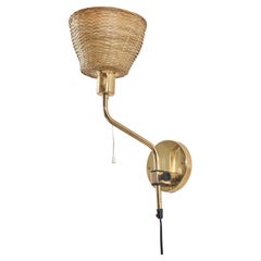 Jan Wickelgren, Adjustable Wall Light, Brass, Rattan, Sweden, C. 1970s