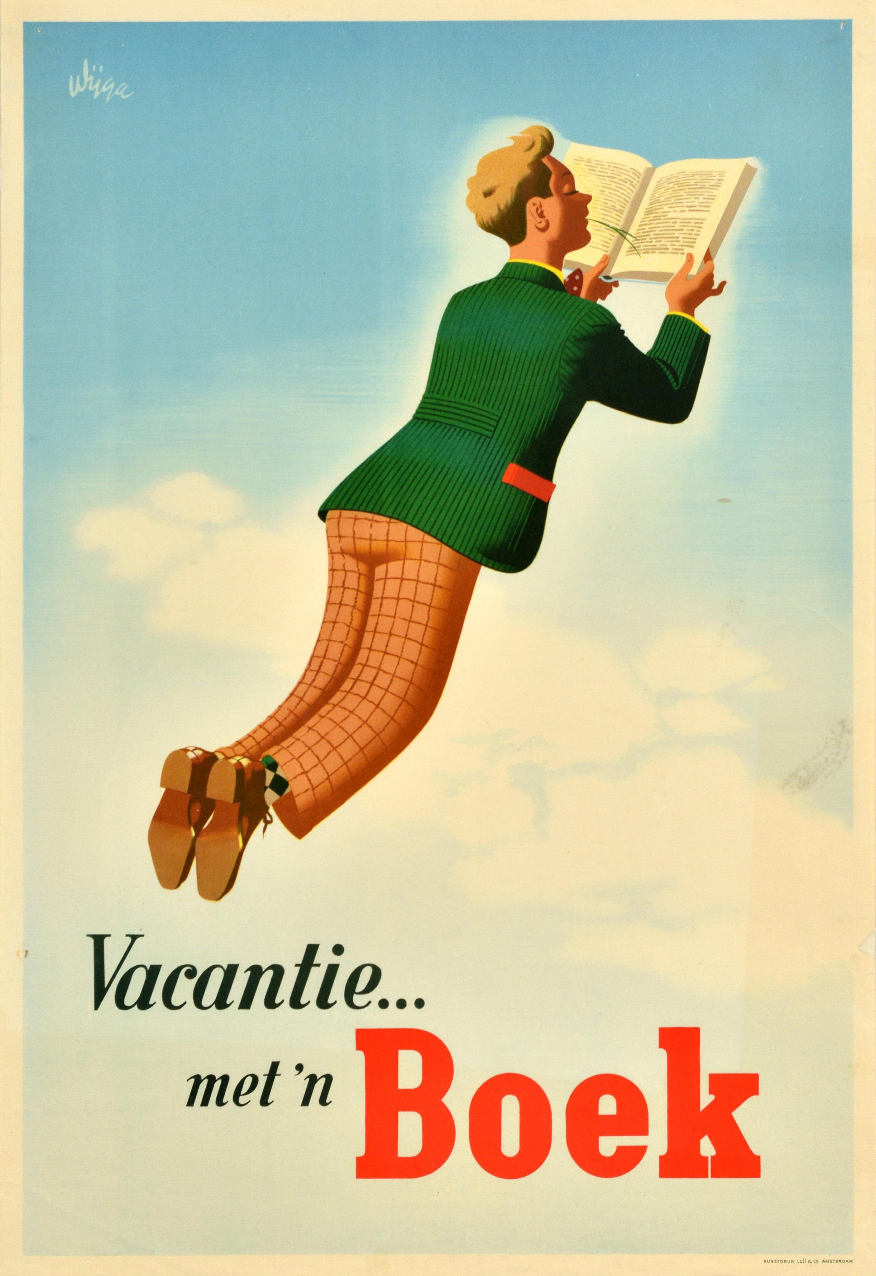 Original vintage advertising poster - Holiday with a Book / Vacantie... met 'n Boek - designed by Jan Wijga (1902-1978) featuring a relaxed man wearing a green jacket and chequered trousers reading a book, lying down floating on a cloud in the sky