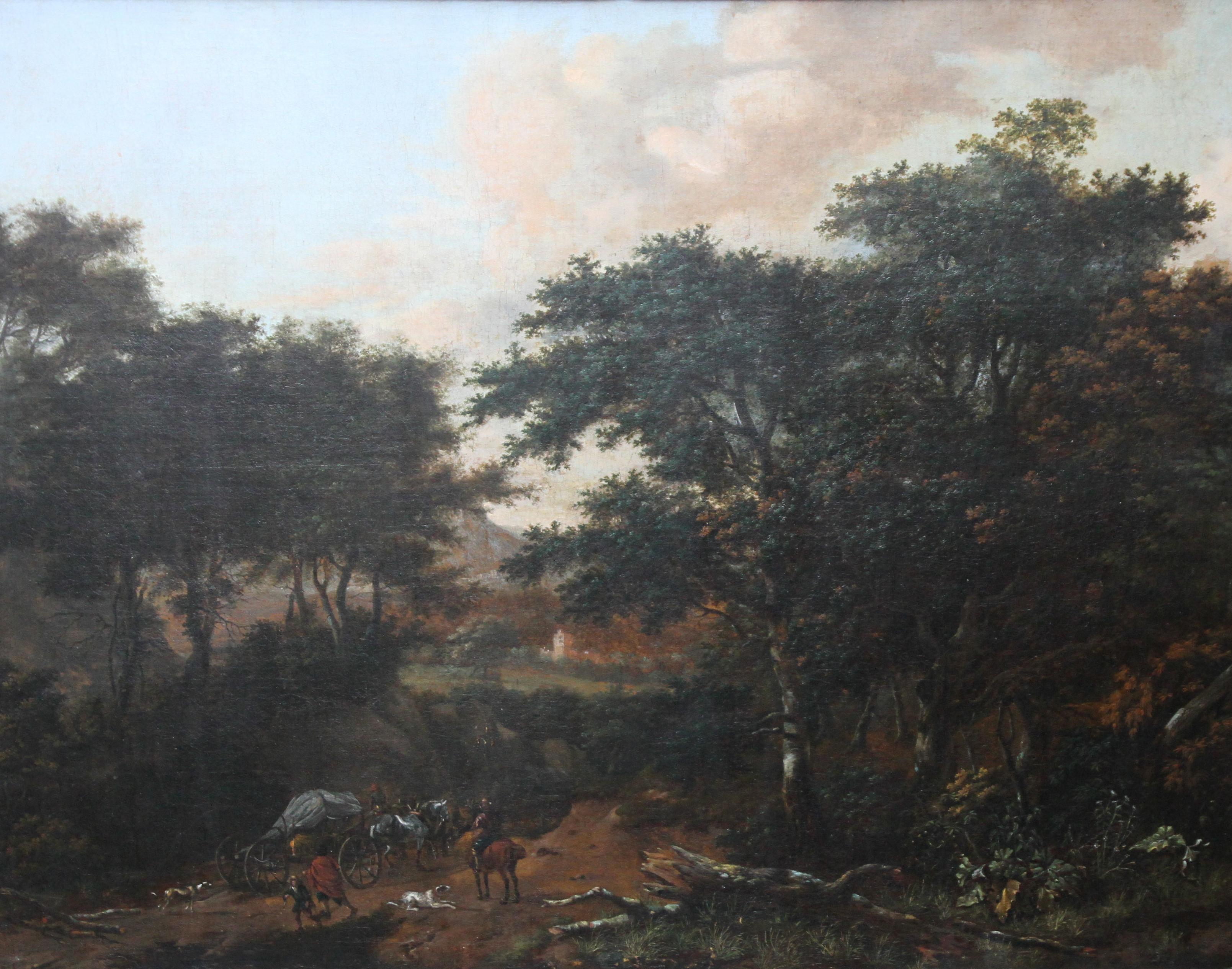 Travellers in Wooded Landscape - Dutch 17th century art Old Master oil painting - Painting by Jan Wijnants (circle)