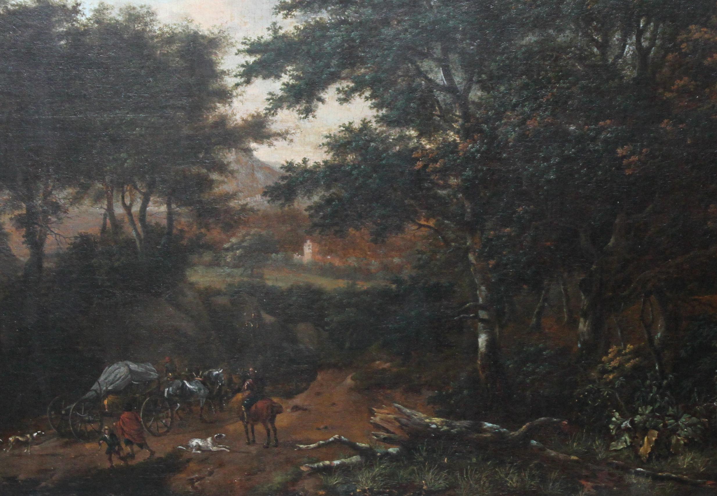 Travellers in Wooded Landscape - Dutch 17th century art Old Master oil painting - Old Masters Painting by Jan Wijnants (circle)