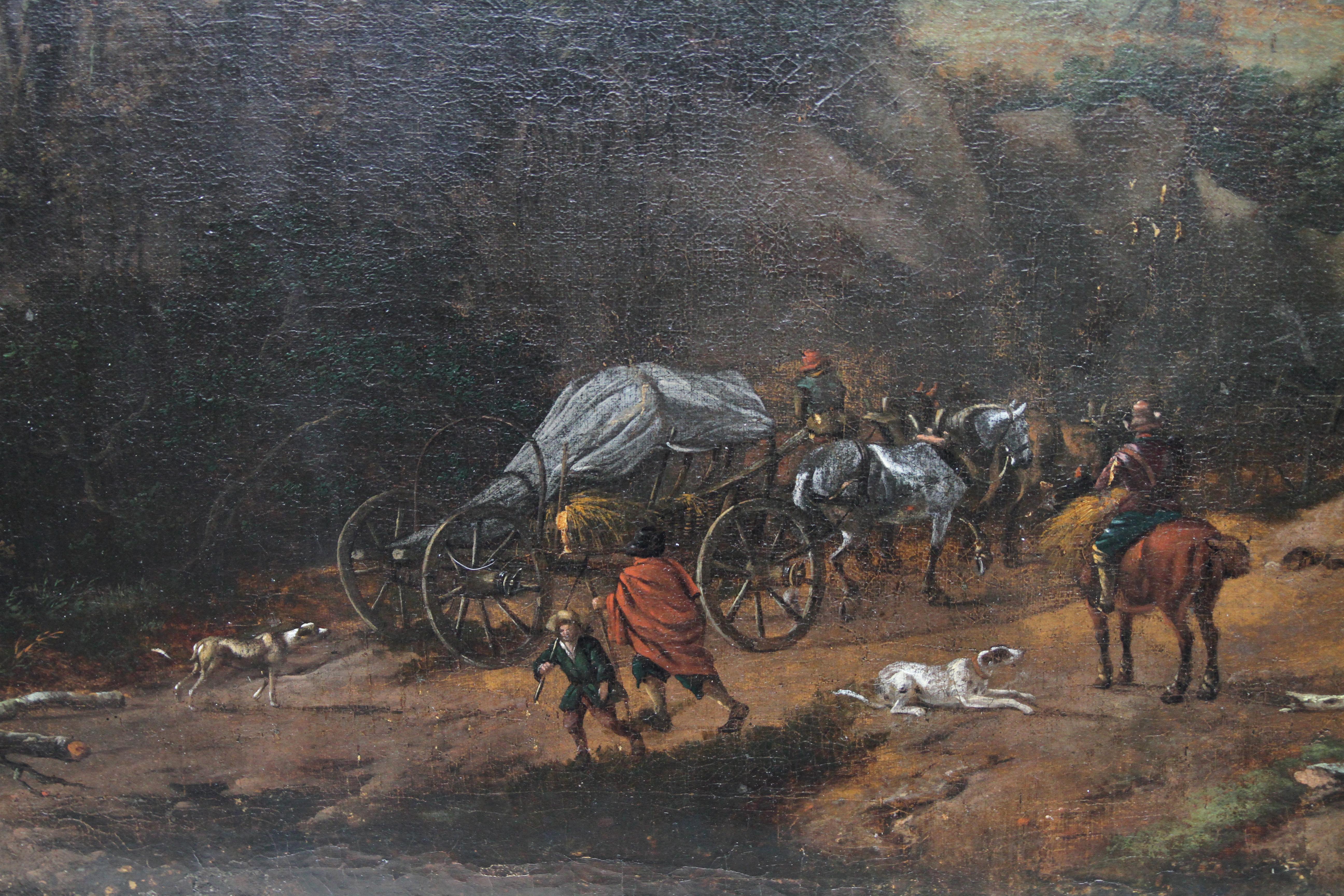 Viajeros en un paisaje boscoso - Arte holandés del siglo XVII Pintura al óleo del Viejo Maestro - Landscape Painting Negro de Jan Wijnants (circle)