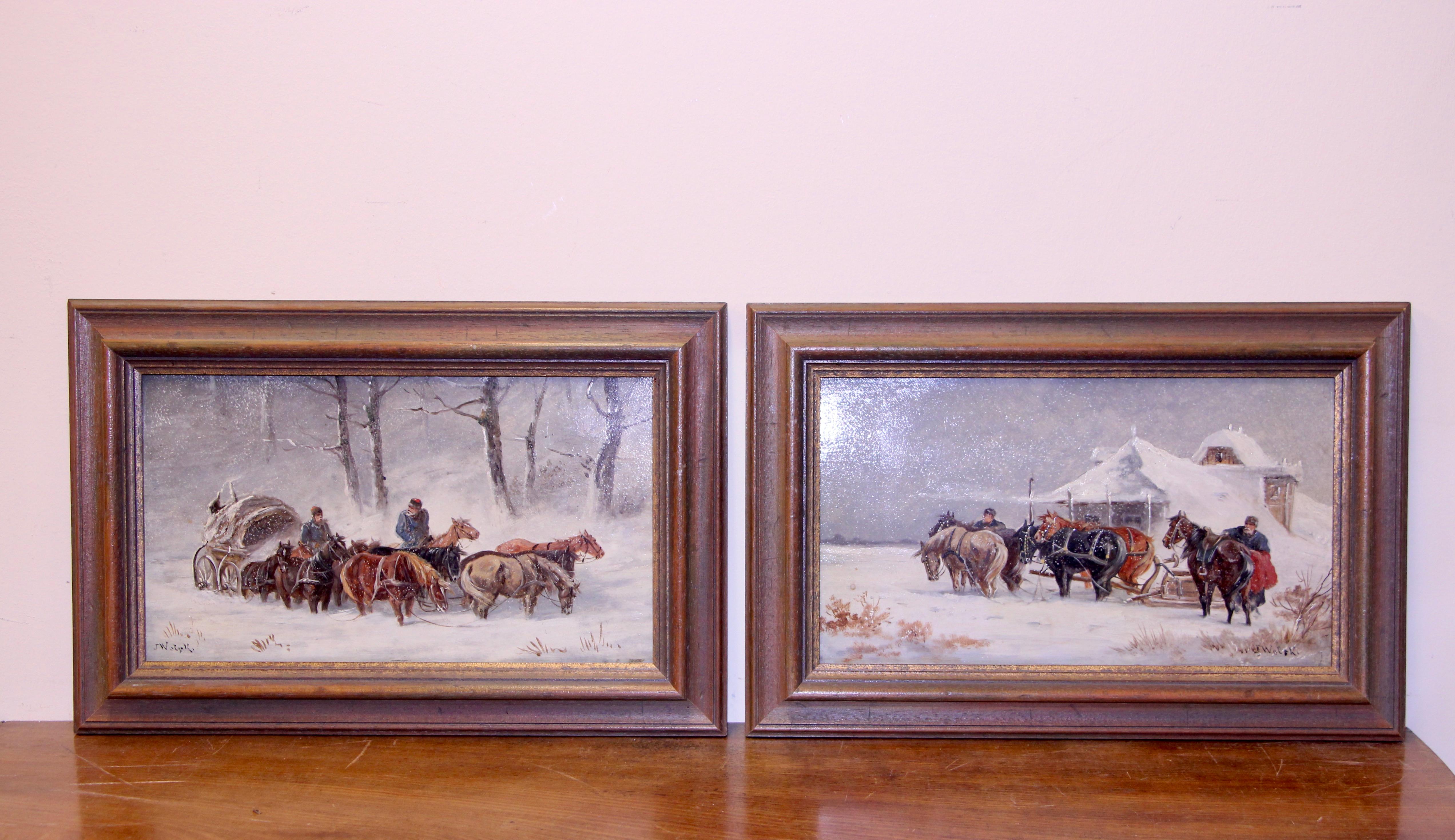 Ein Paar Winterpferd-Schlittenszenen von Jan Wolski, Öl auf Holz im Angebot 2