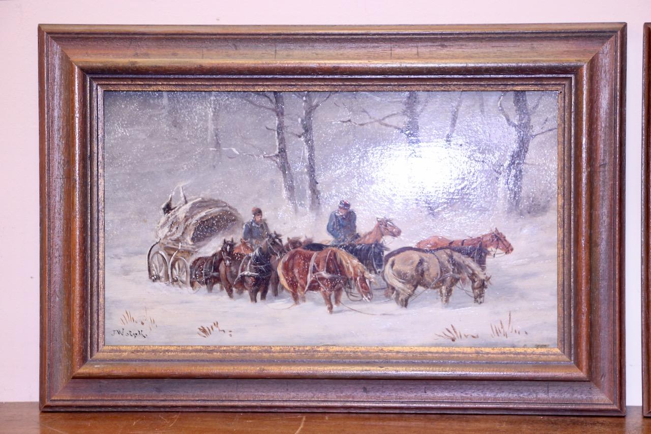 Ein Paar Winterpferd-Schlittenszenen von Jan Wolski, Öl auf Holz im Angebot 3