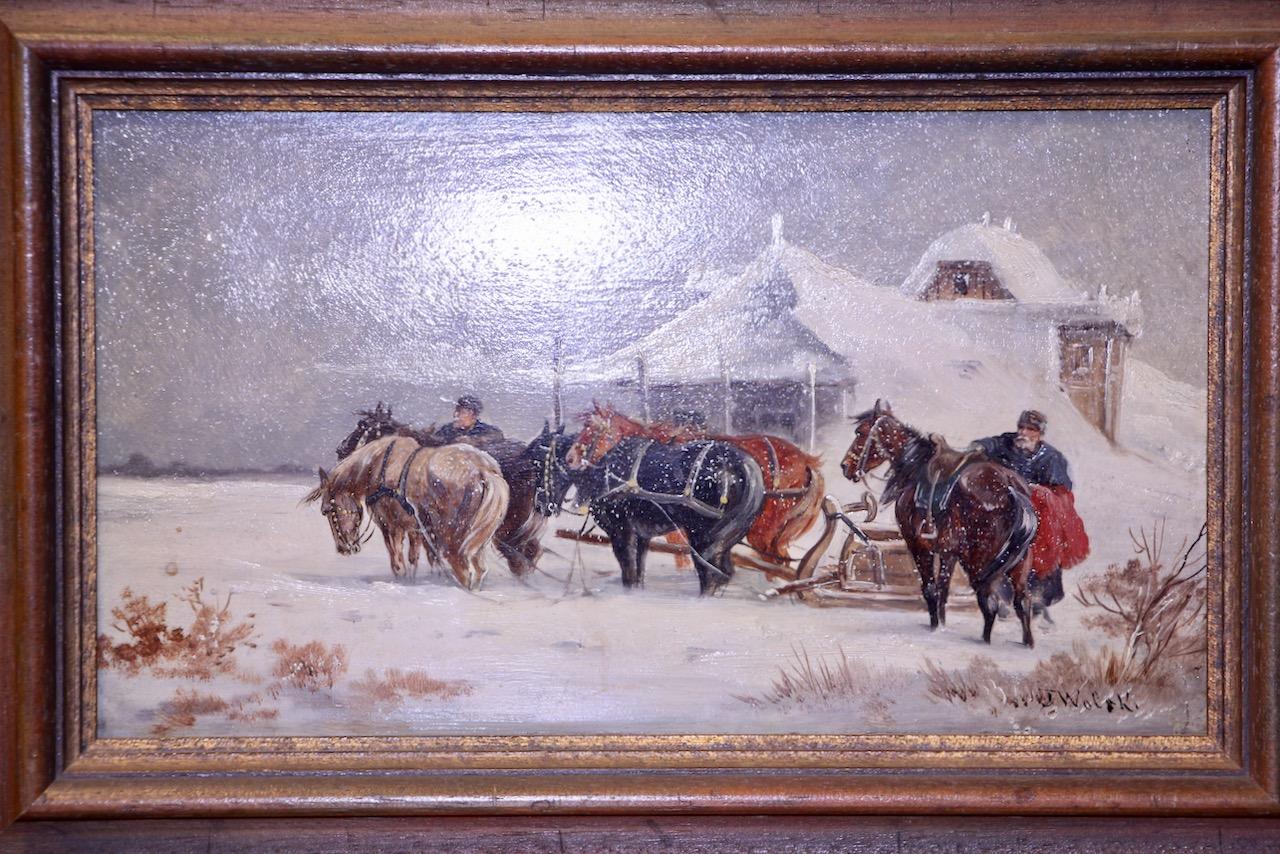 Ein Paar Winterpferd-Schlittenszenen von Jan Wolski, Öl auf Holz im Angebot 4