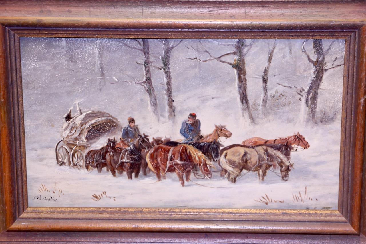 Ein Paar Winterpferd-Schlittenszenen von Jan Wolski, Öl auf Holz im Angebot 5