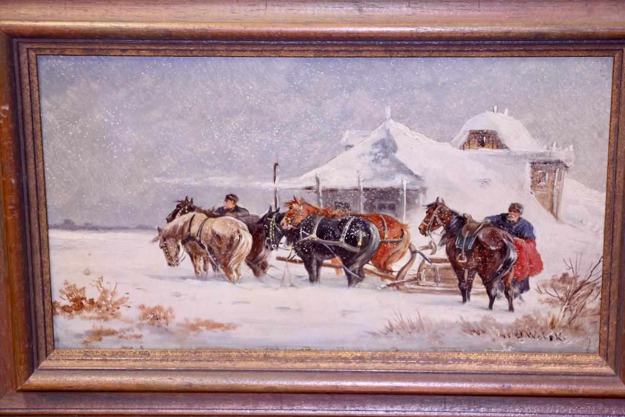 Ein Paar Winterpferd-Schlittenszenen von Jan Wolski, Öl auf Holz im Angebot 6