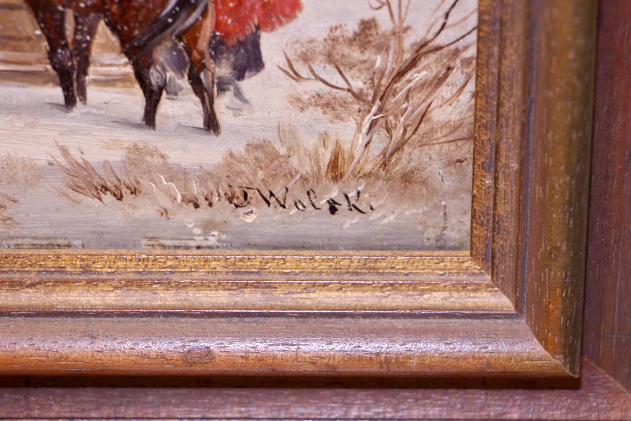 Ein Paar Winterpferd-Schlittenszenen von Jan Wolski, Öl auf Holz im Angebot 7
